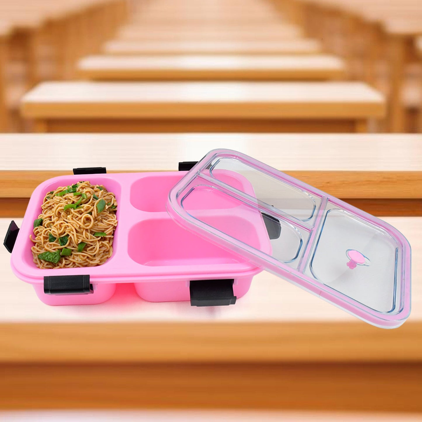 Stylish blue insulated tiffin box with a spoon and fork, ready for school or office.