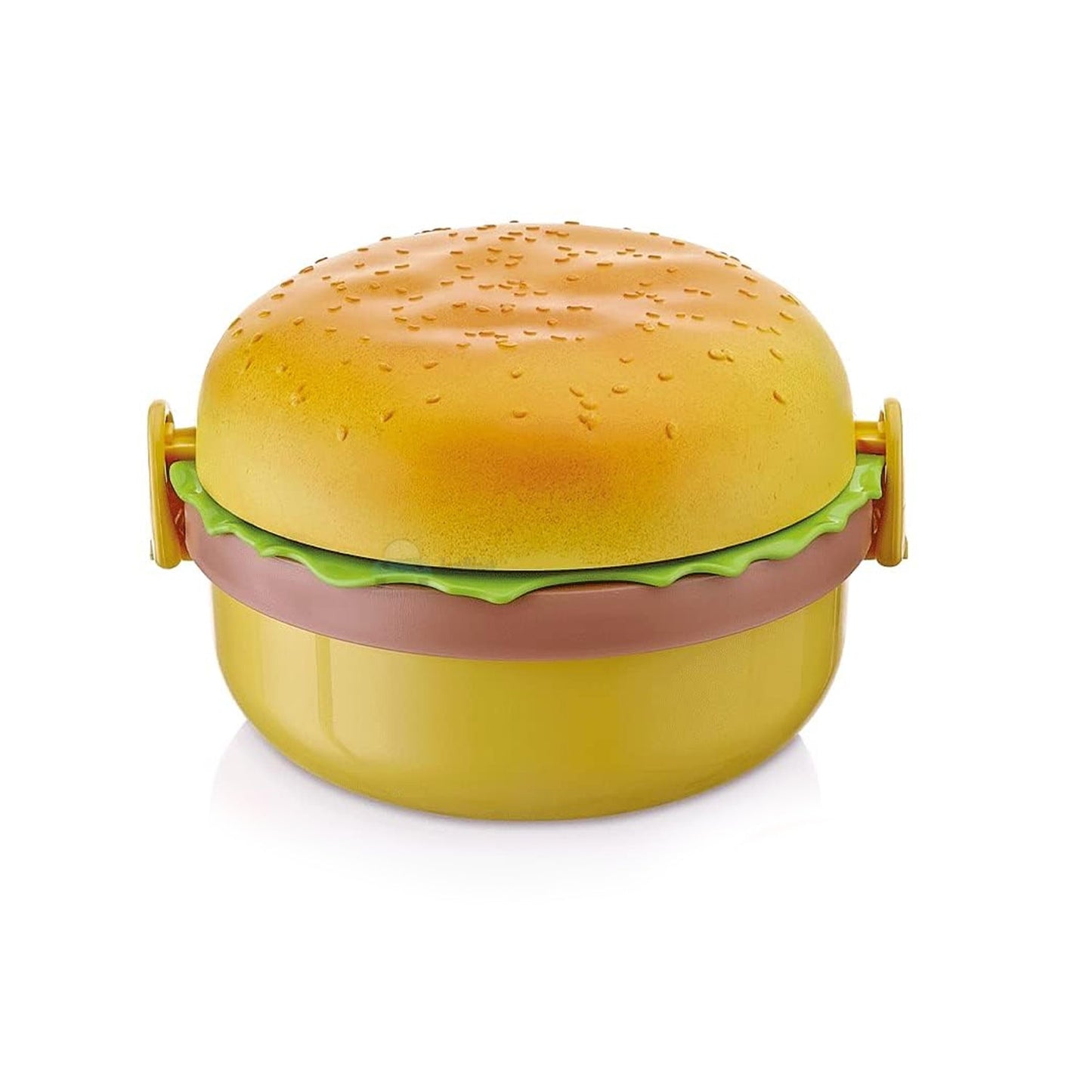 Open burger lunch box reveals two spacious compartments for different foods.