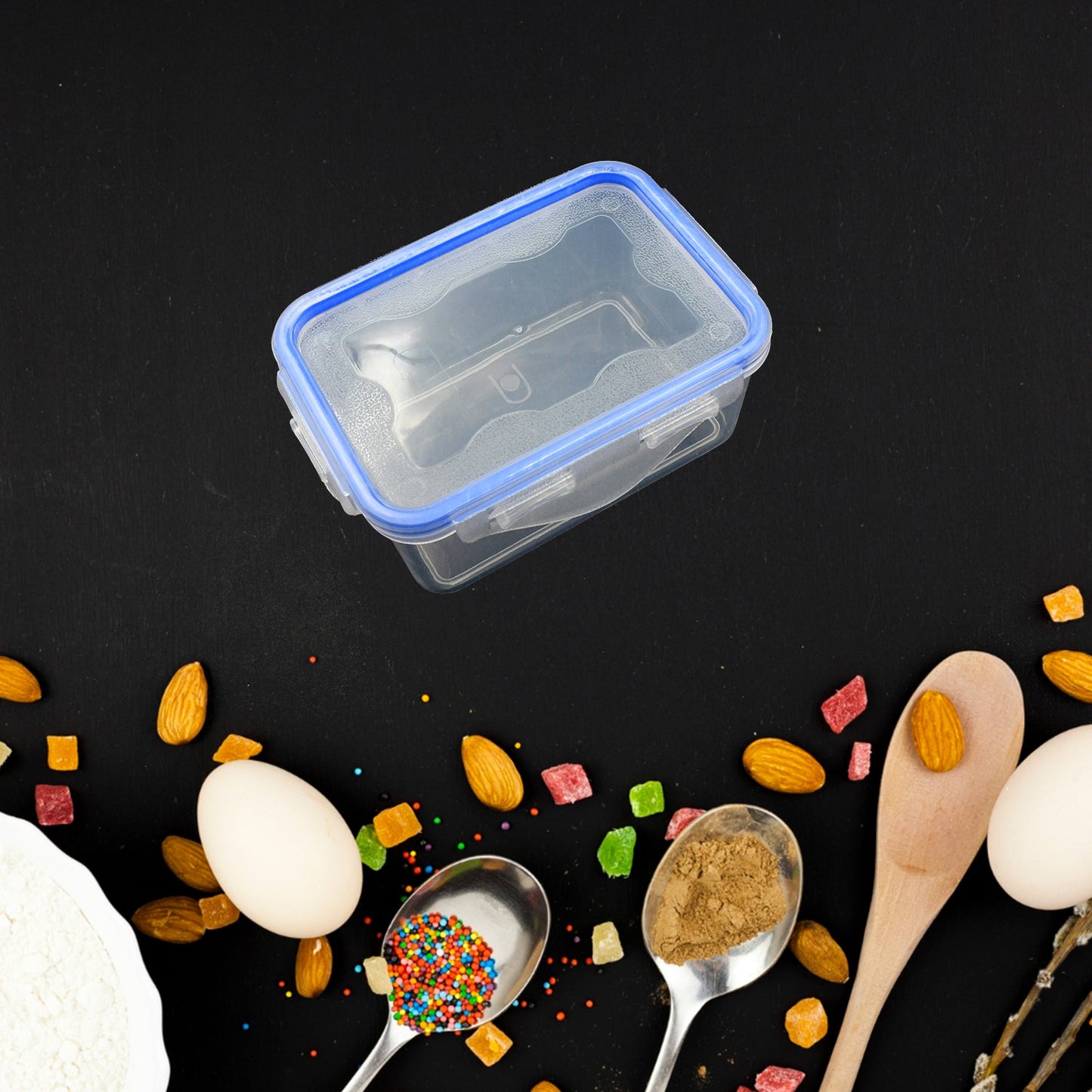 Close-up of the secure air seal lock on a plastic storage container lid.