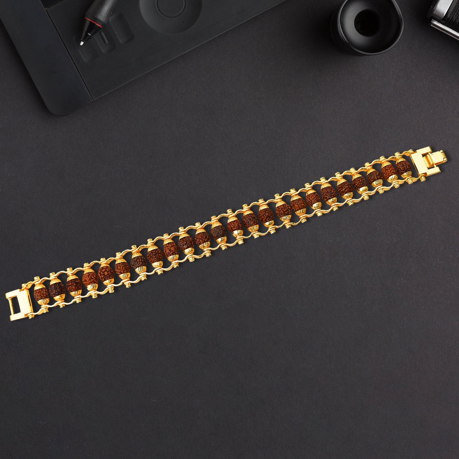 Full view of a Golden Rudraksha Bracelet, showcasing its modern design and spiritual beads.