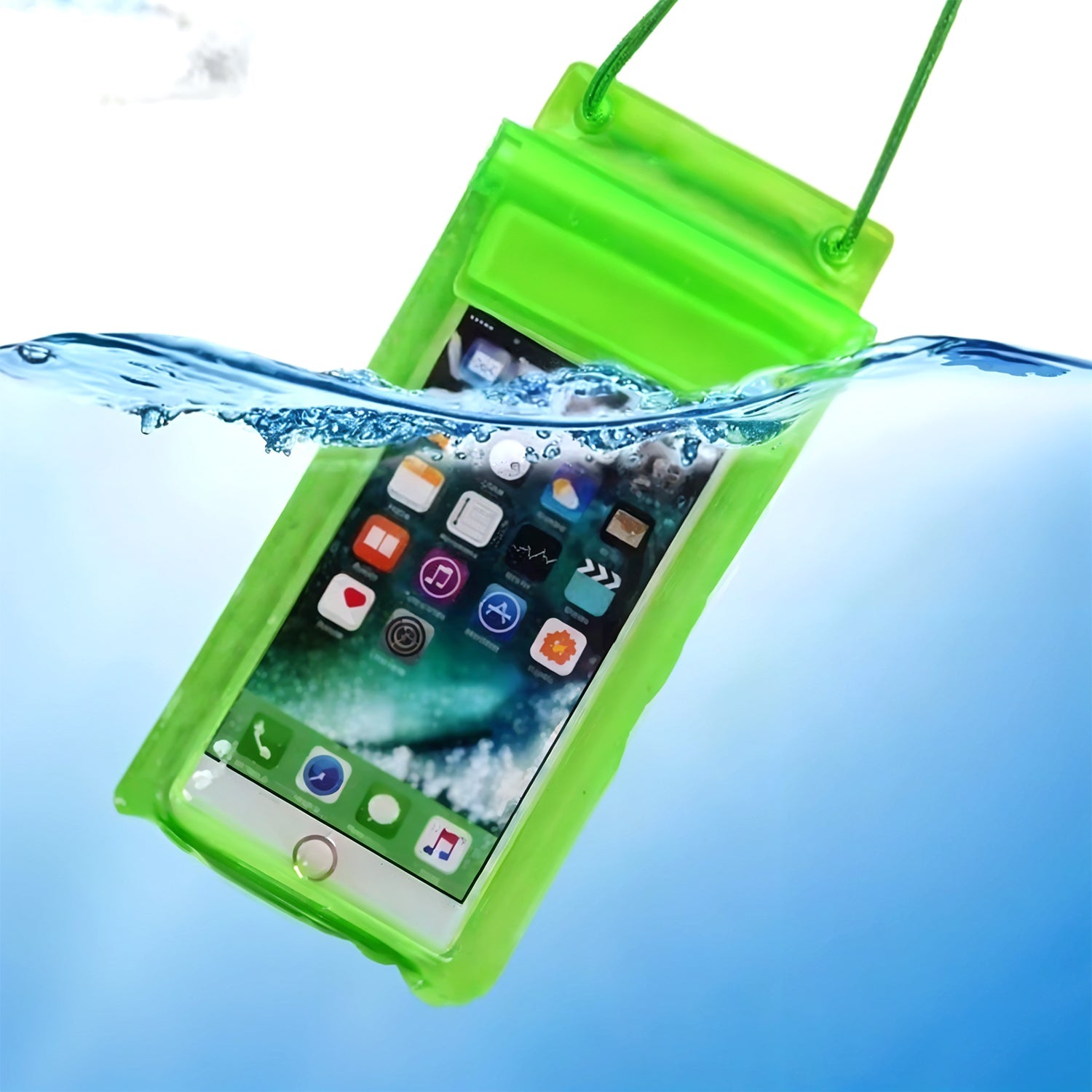A green waterproof phone case with a smartphone inside is partially submerged in clear blue water, showing water splashing