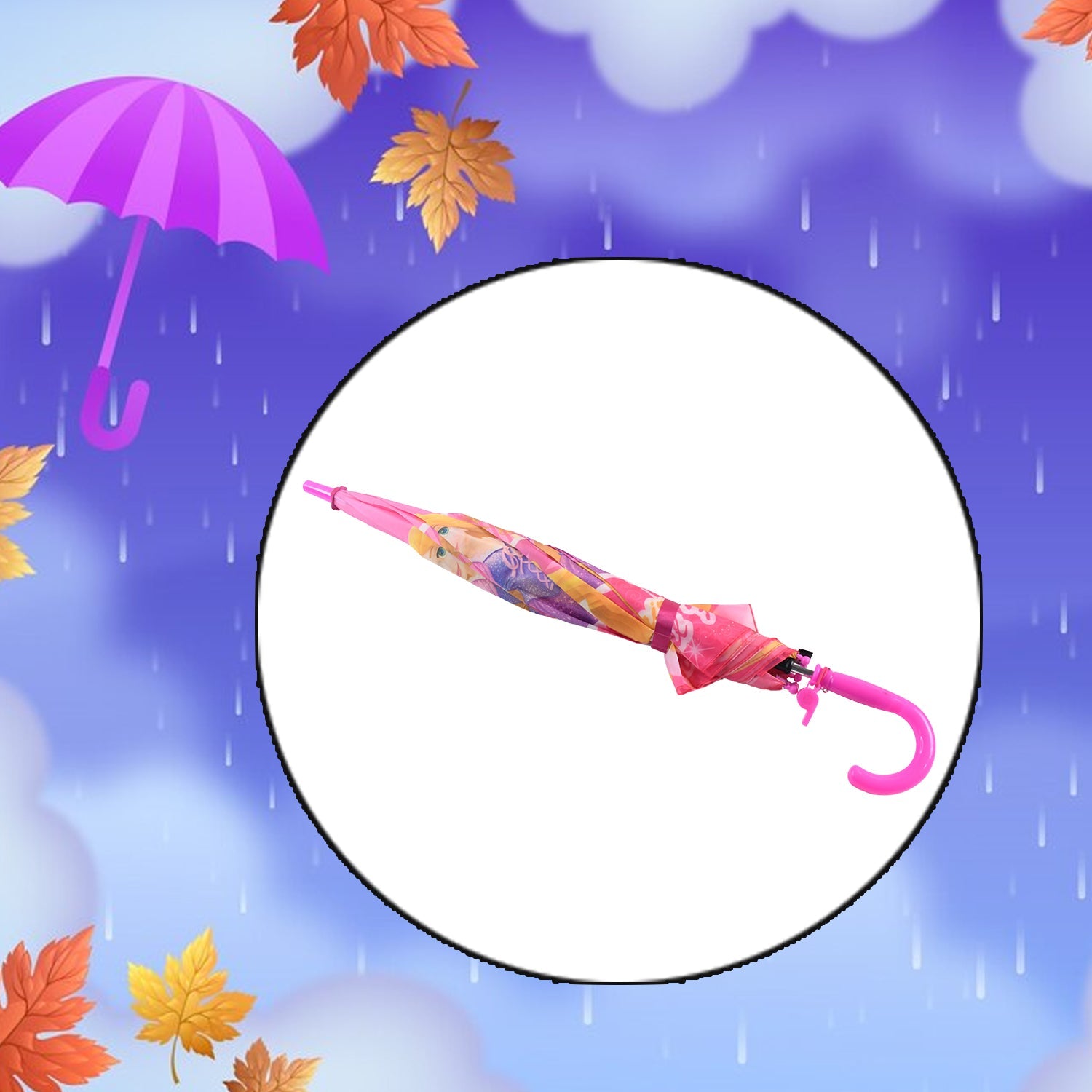A pink umbrella with princess designs is shown closed within a white circle, set against a blue background with rain and