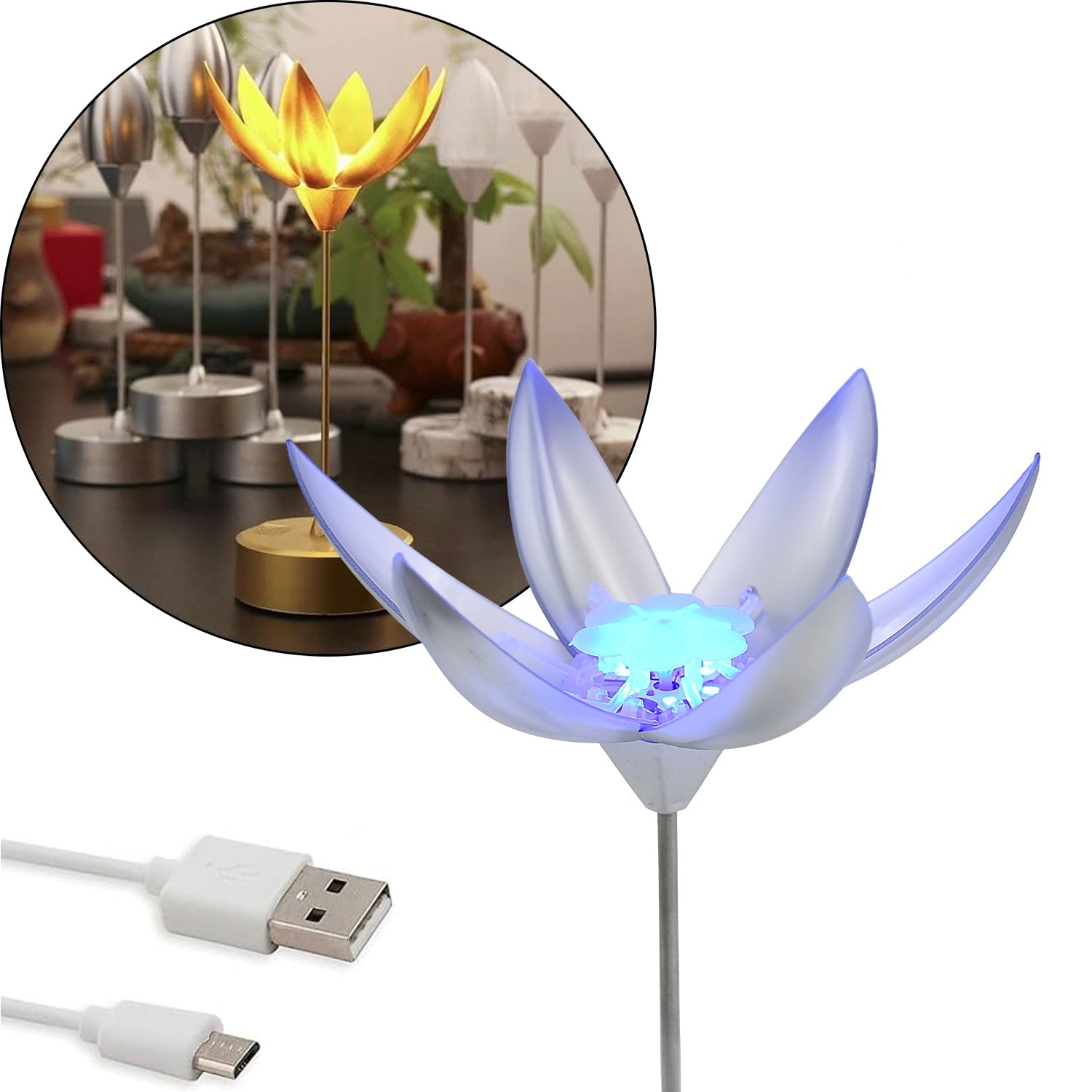 A side view of the open lotus lamp, showcasing its intricate petal design and soft ambient lighting.