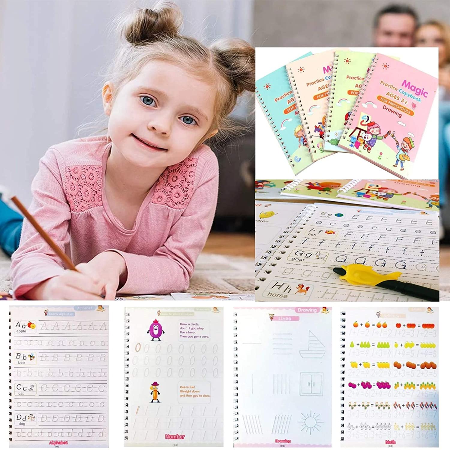Educational set of 4 Magic Copybooks for kids' writing practice.