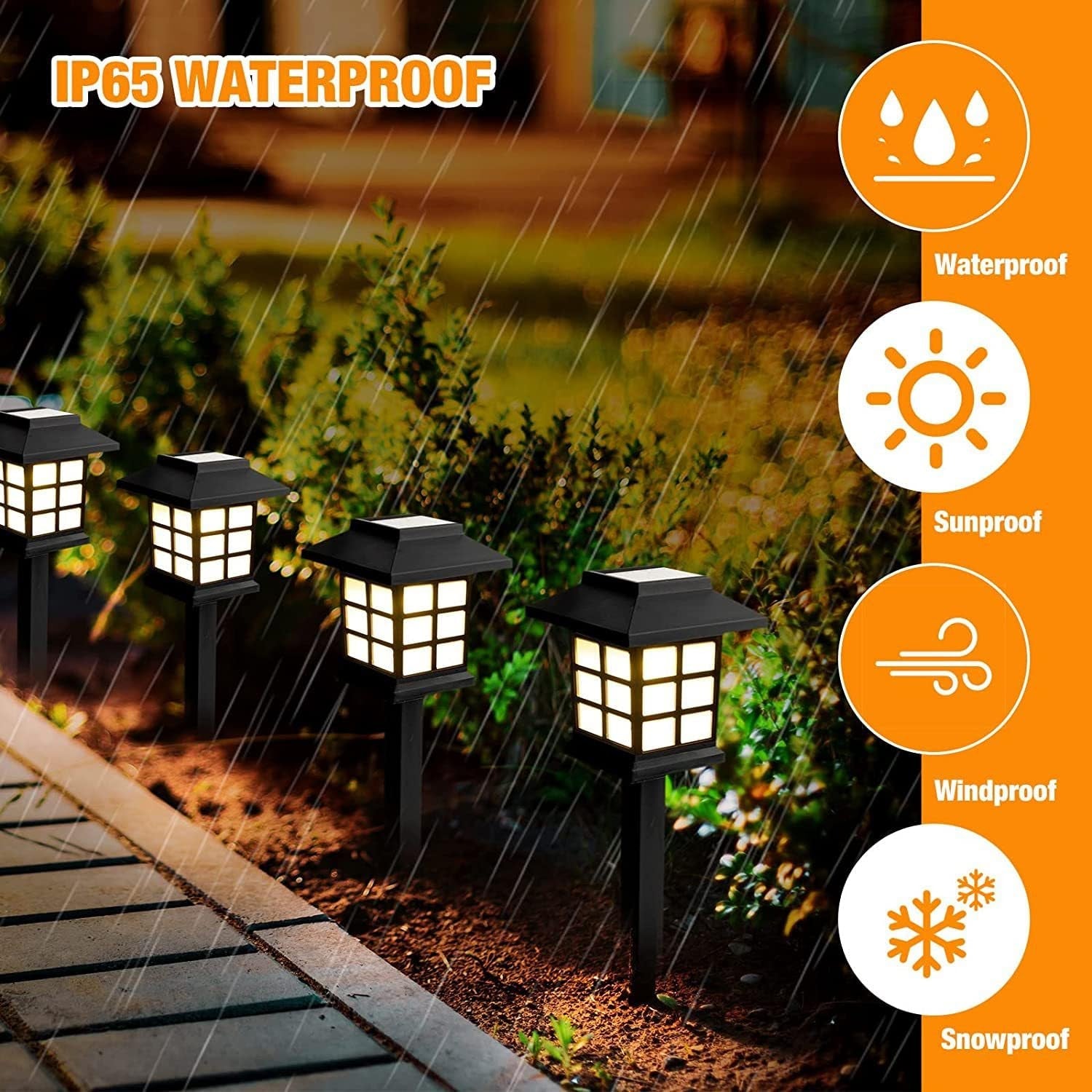 Four black solar garden lights illuminate a path at night, with rain falling and icons for weather resistance.