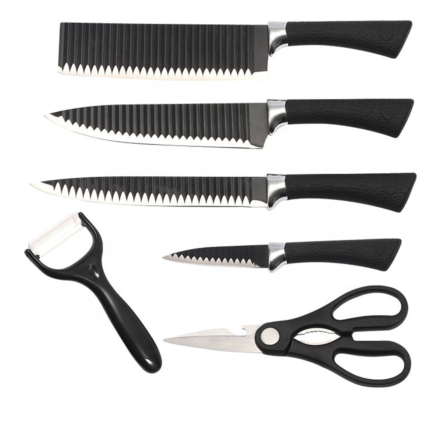 Elegant presentation of the stainless steel knife set with included peeler.