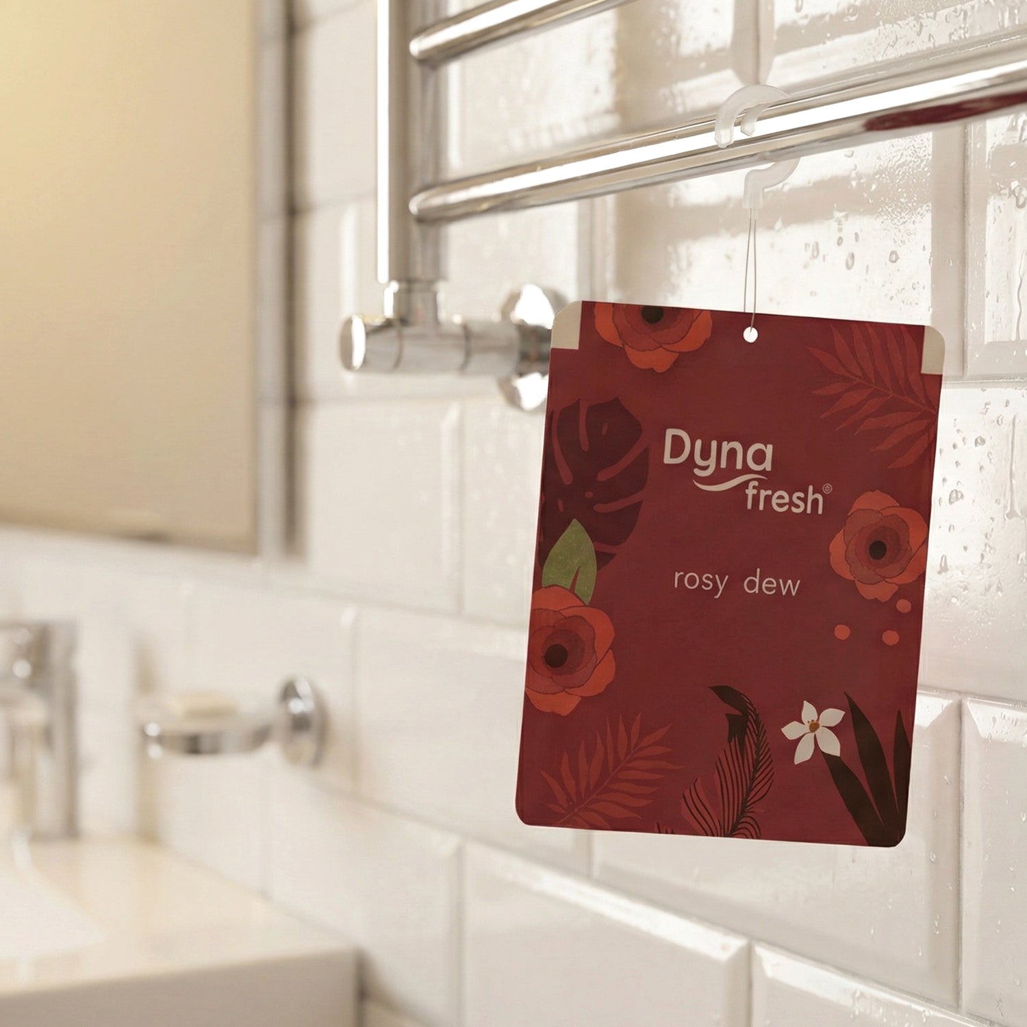 Close up of the Rosy Dew Hanging Air Freshener with its distinctive rosy scent.