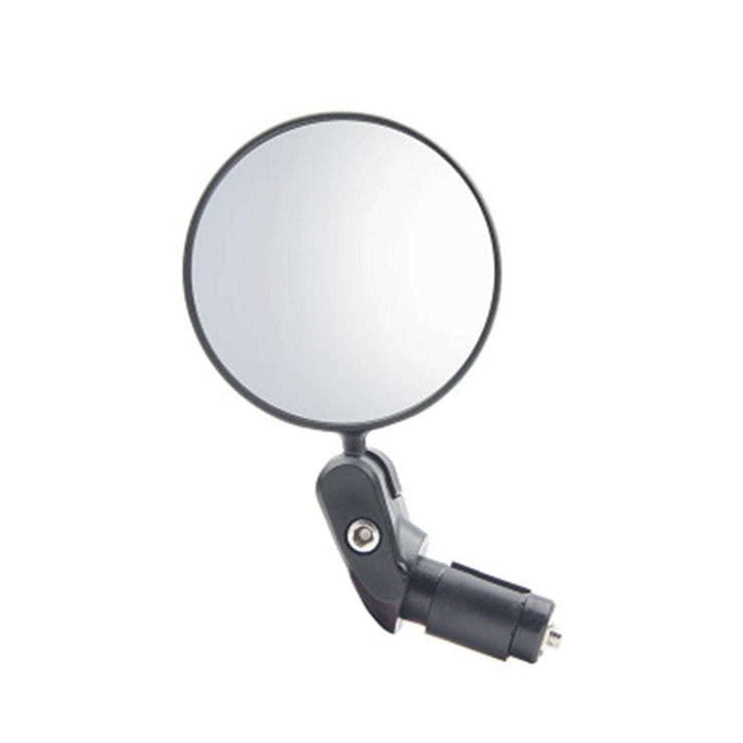 The foldable bike mirror rotated to showcase its 360-degree adjustability and compact storage position.