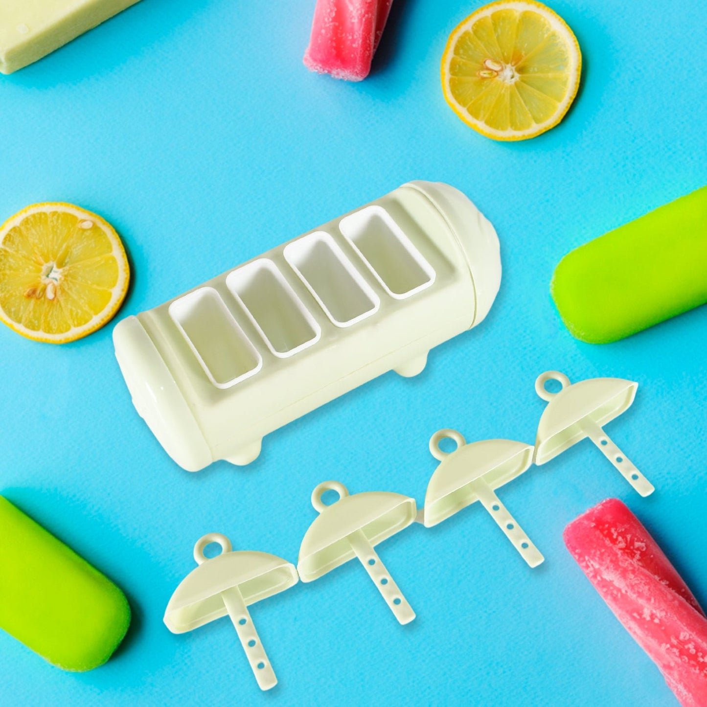 Four individual cartoon-shaped molds for creating unique frozen desserts.