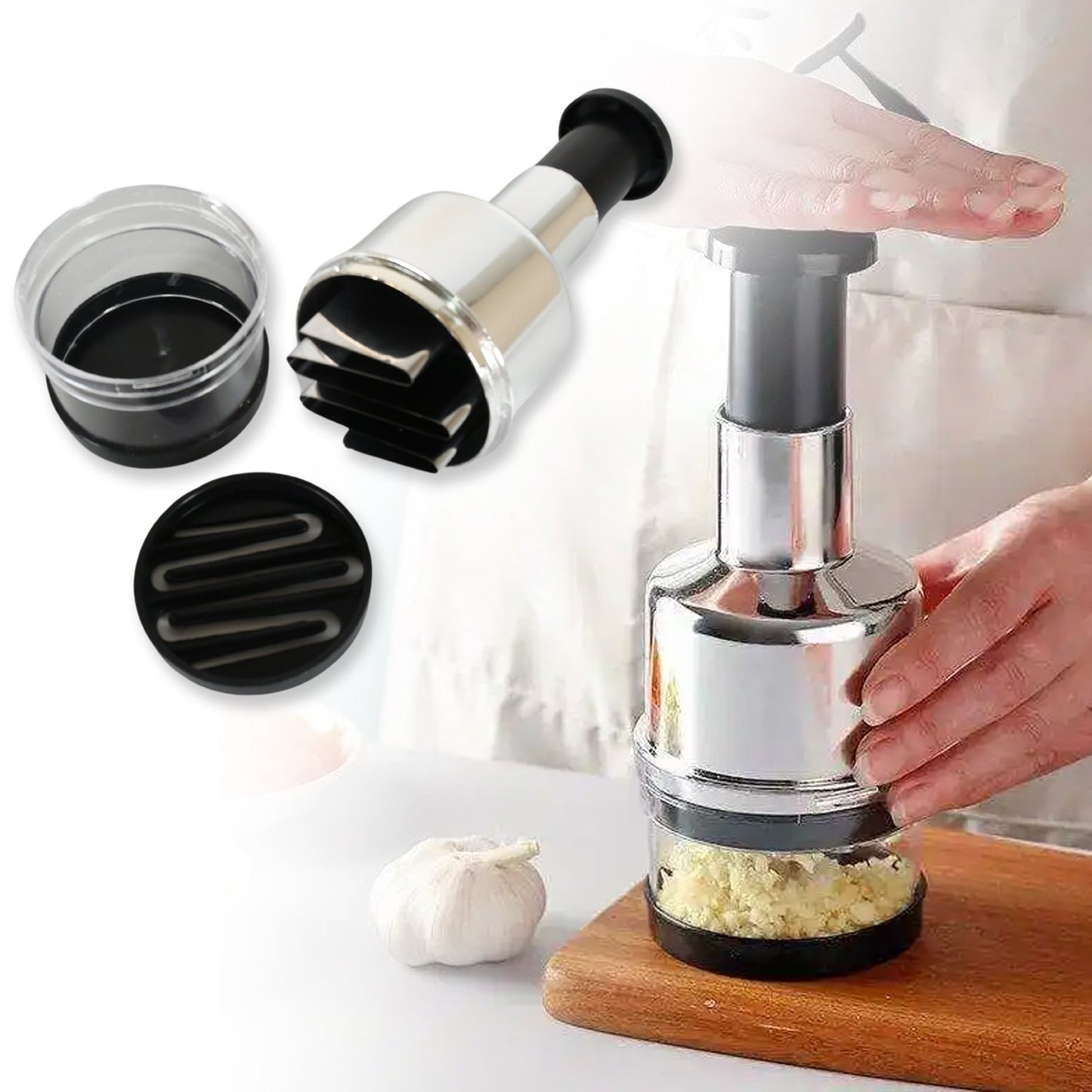 CookAura Stainless Steel Vegetable Chopper in action, slicing various vegetables.