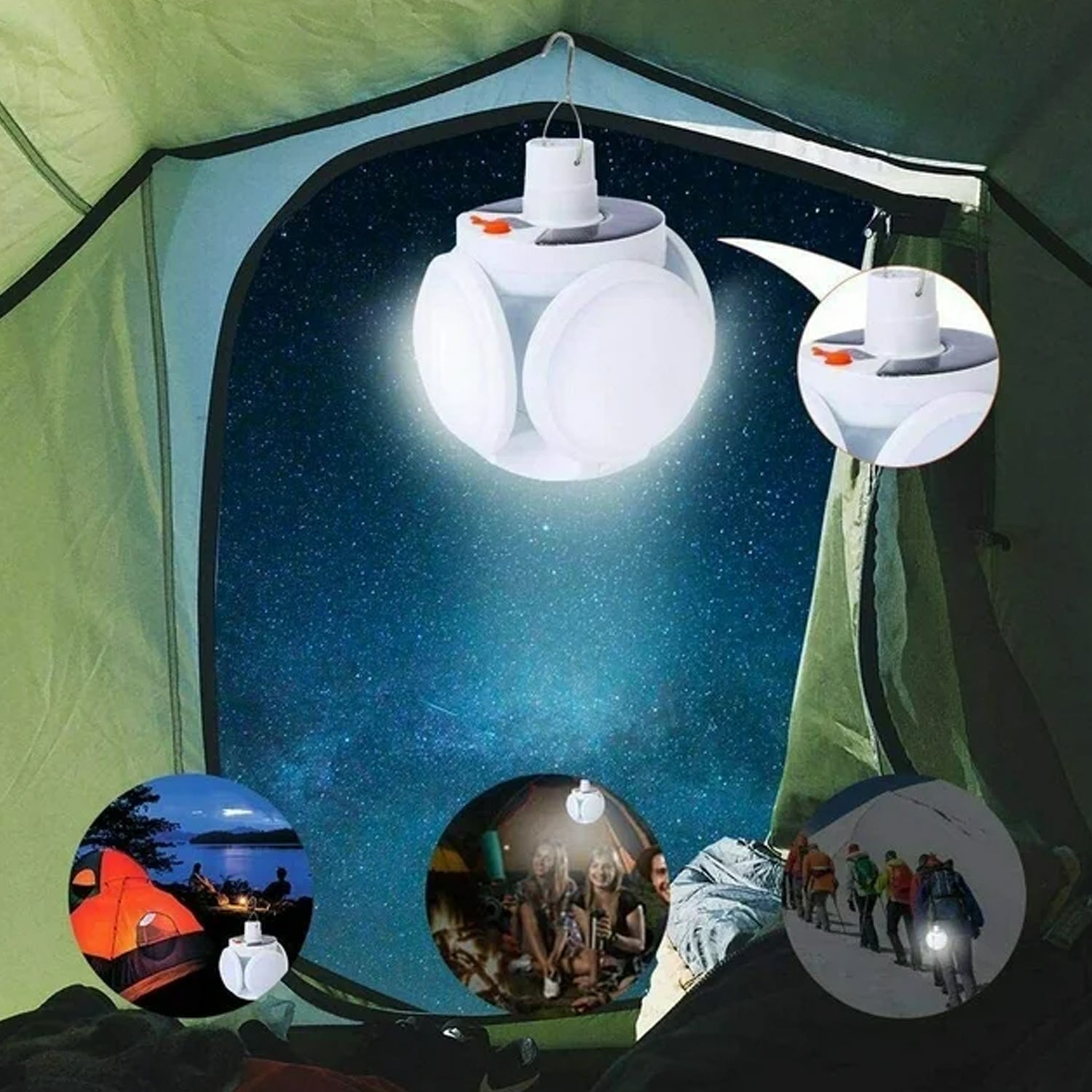 The white solar camping light hangs inside a tent, brightly illuminating the interior, with four circular insets showing its
