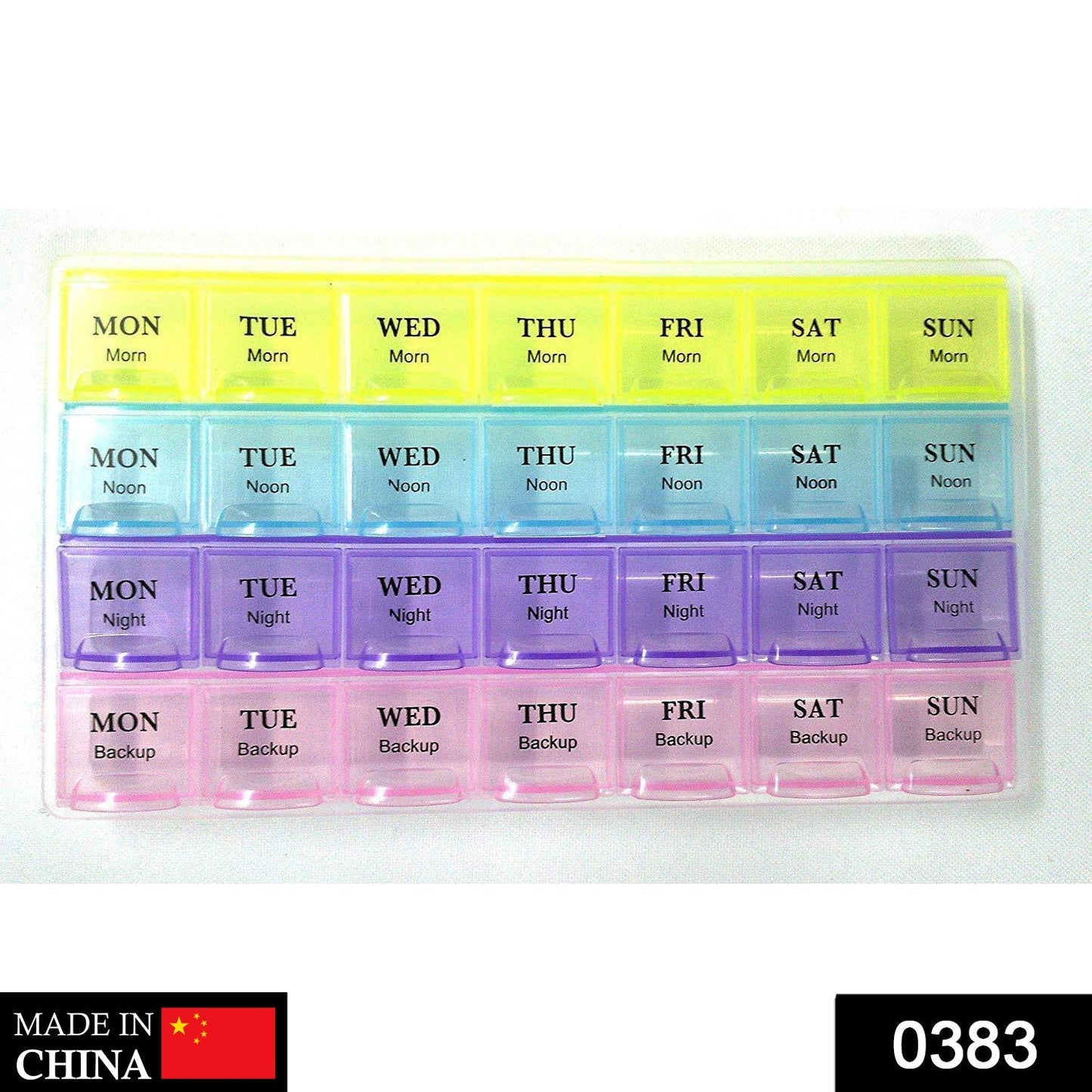 Top view of a compact 28-slot weekly pill organizer with clear daily compartments.