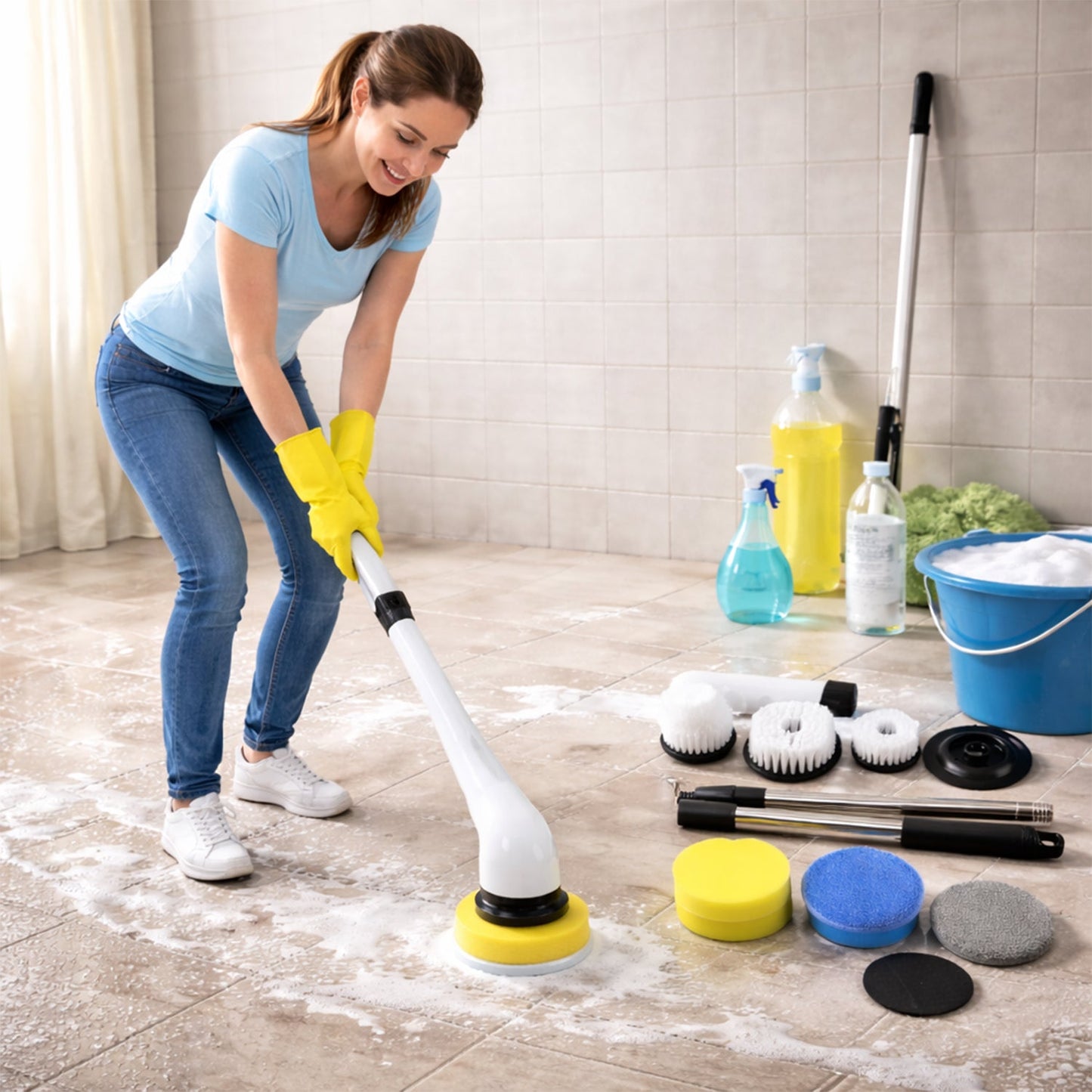 Close-up of the 9-in-1 electric spin scrubber's rotating brush head for deep cleaning.