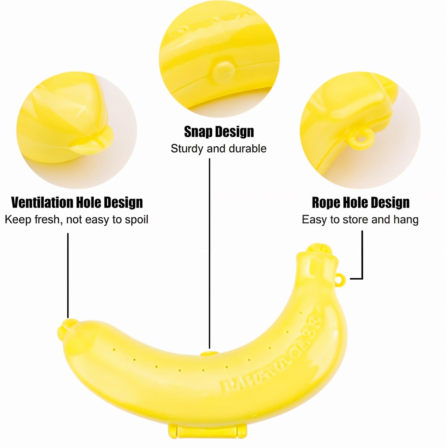 Portable banana case hanging from a backpack, ideal for travel and school lunches.