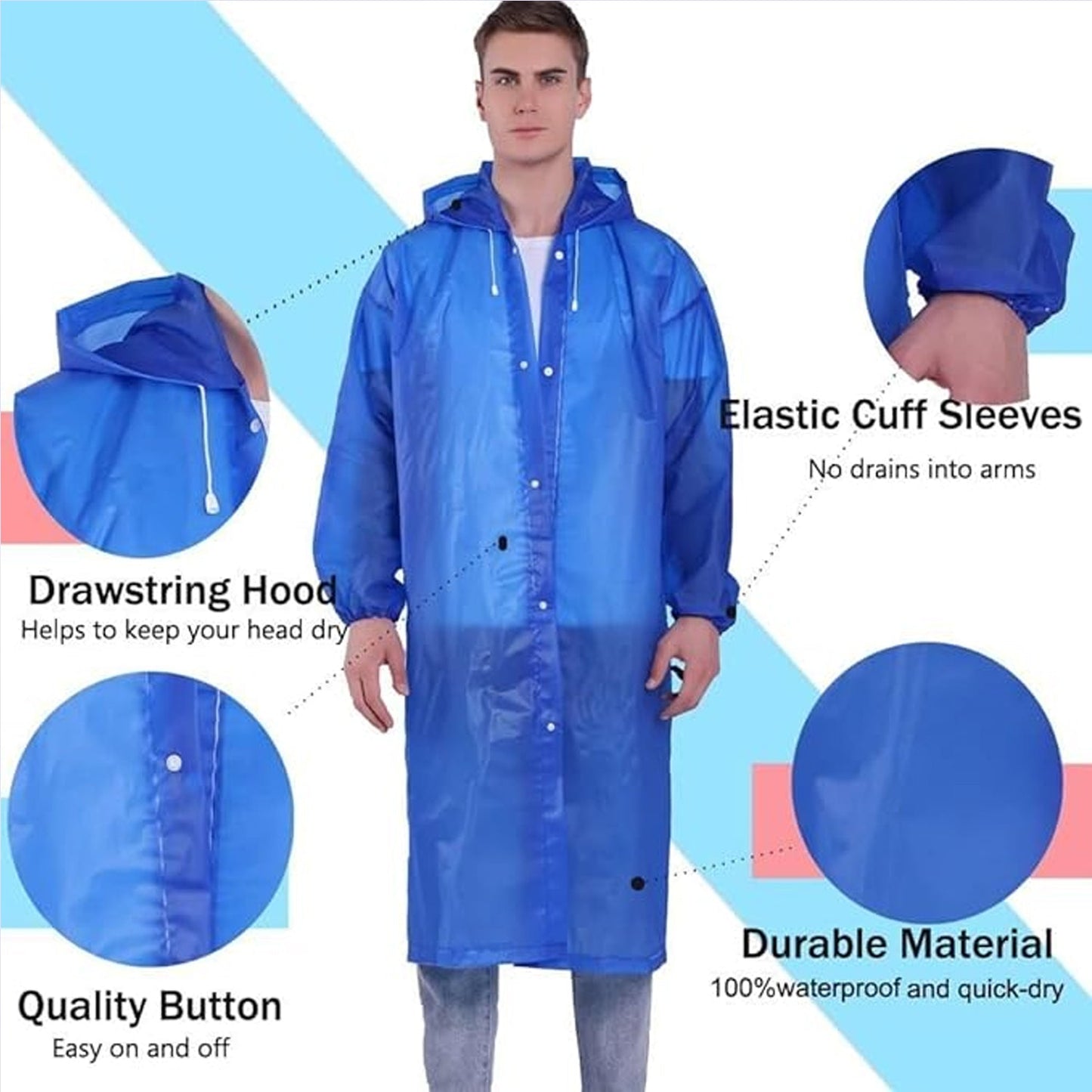 A man models a blue translucent rain jacket, with callouts highlighting the drawstring hood, elastic cuffs, quality buttons,