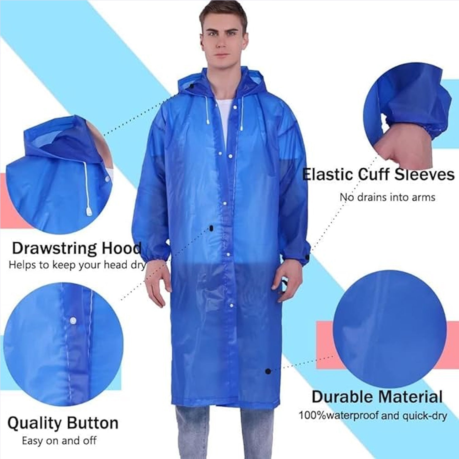 A man models a blue translucent rain jacket, with callouts highlighting the drawstring hood, elastic cuffs, quality buttons,