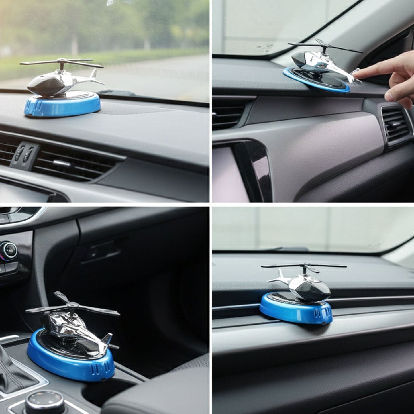 Rotating blade helicopter car air freshener placed on car dashboard