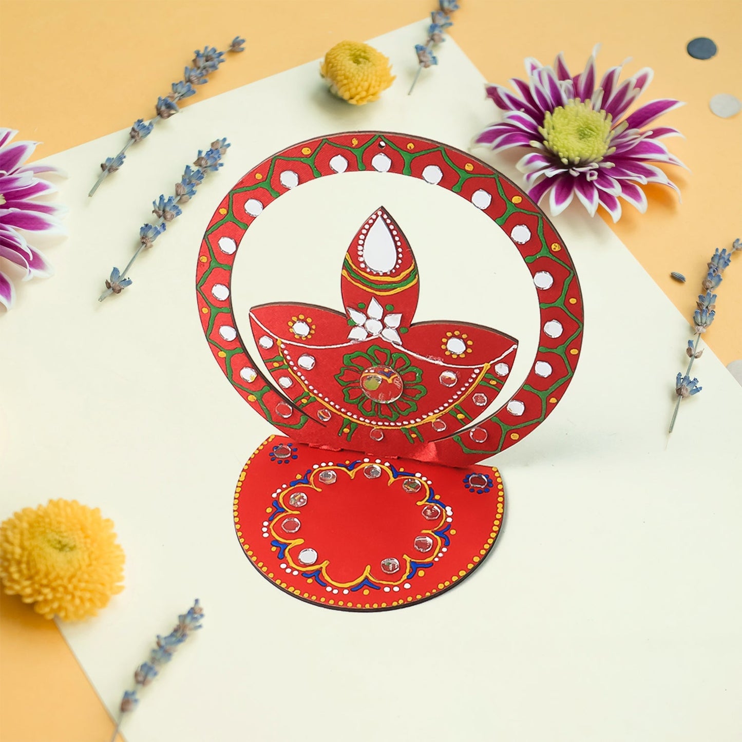 Handcrafted wooden diya stand with stone detailing for Indian festivals