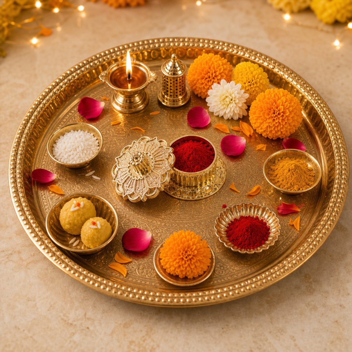Top view of golden kankavati showing lid detail