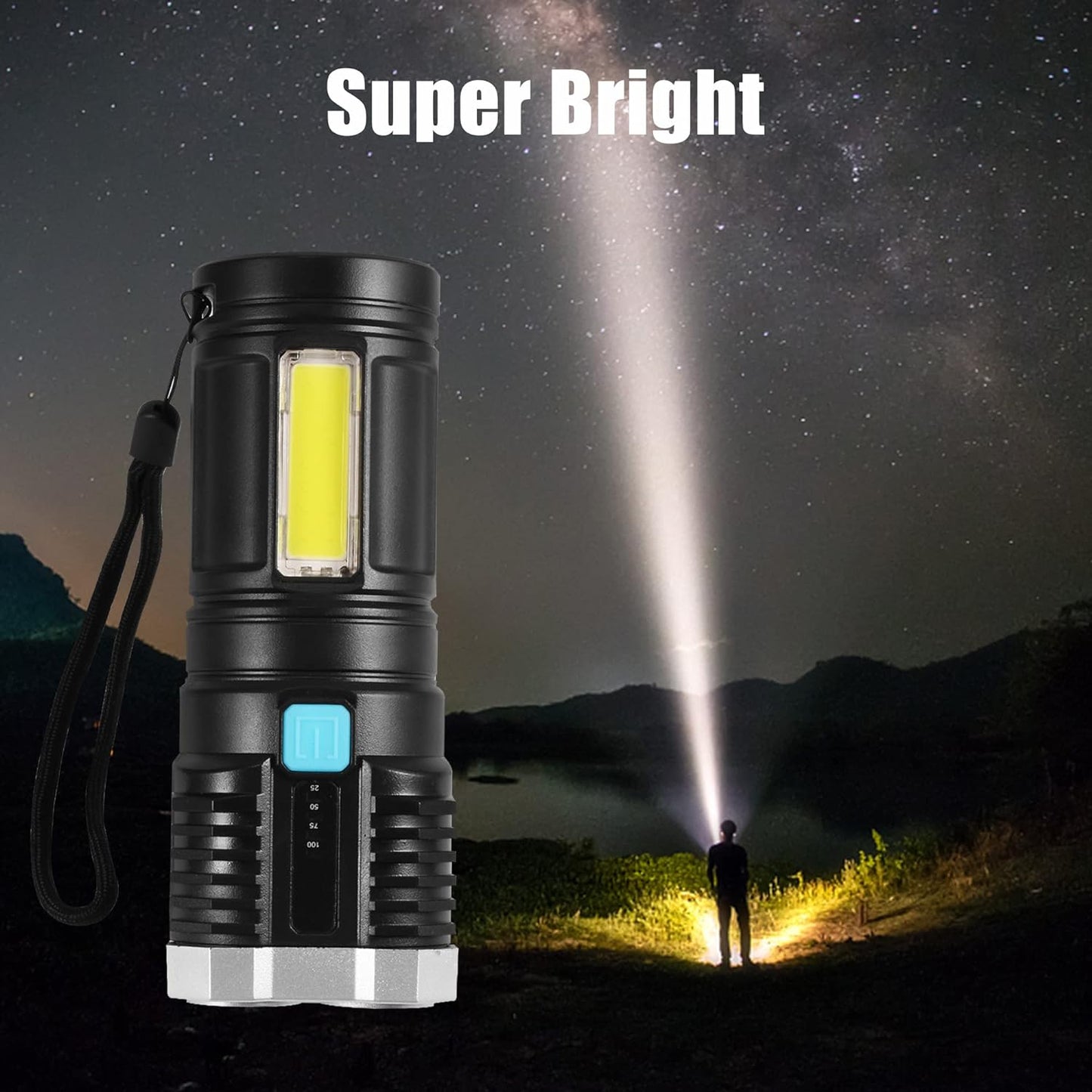 A black and silver flashlight standing upright, casting a bright beam of light into the night sky where a person stands.