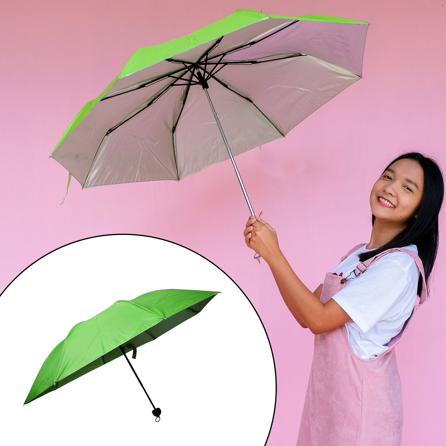 A young woman smiles while holding an open green and silver umbrella against a pink wall, with a small inset of the closed