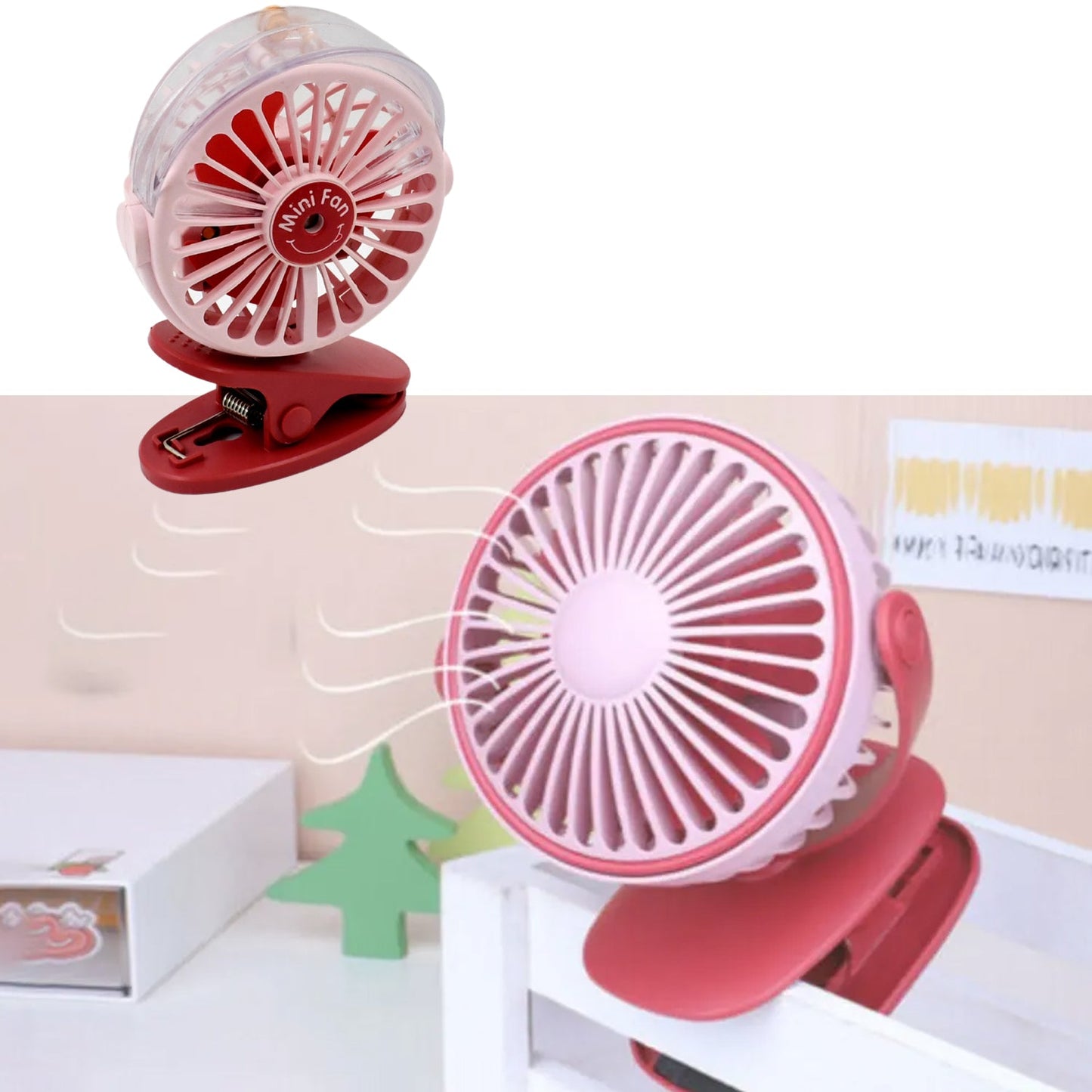 portable clip-on fan with LED light and spray function, shown in white.