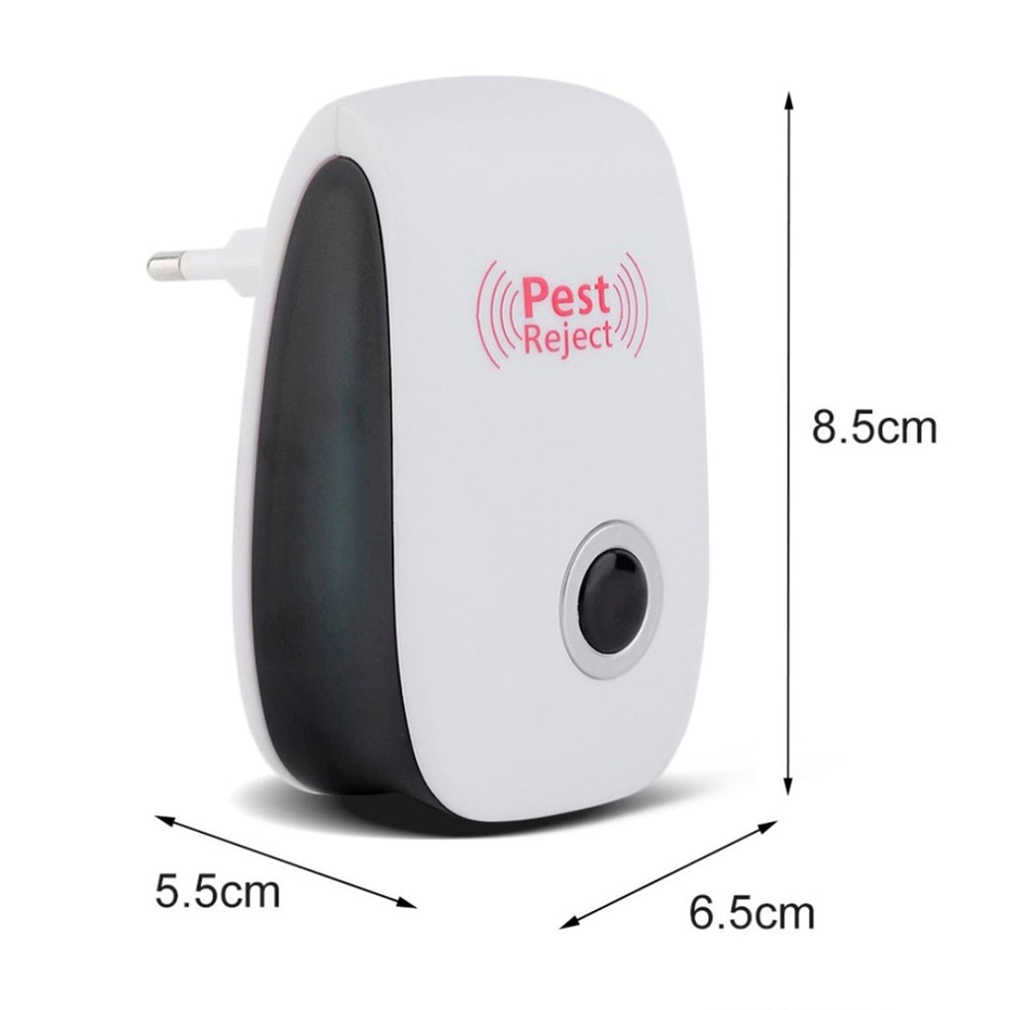 A white and black pest repeller is displayed with its dimensions: 8.5cm height, 5.5cm width, and 6.5cm depth.