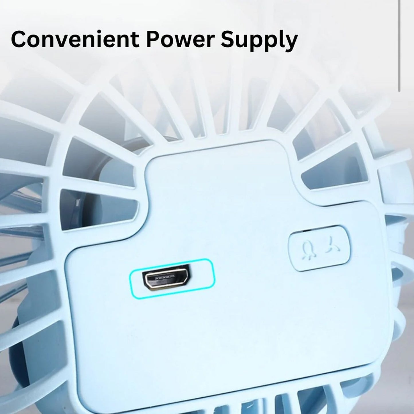 portable fan showing its three-speed settings and control buttons.