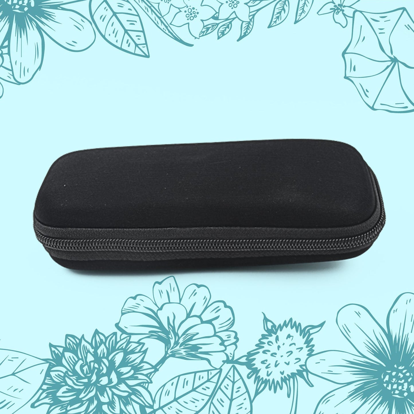 A black, rectangular zippered case with rounded corners is centered against a light blue background with floral outlines.