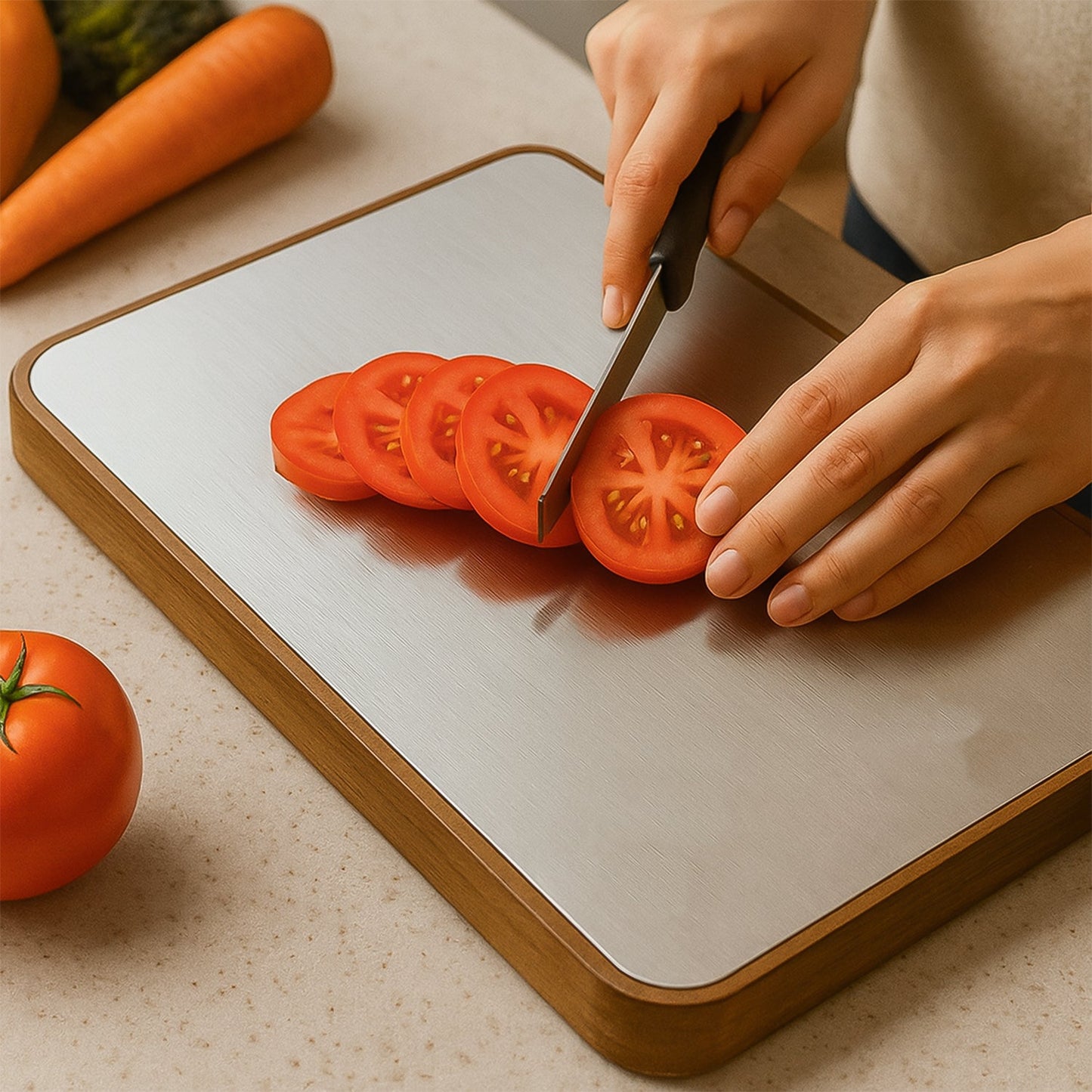 Stainless steel cutting surface and wooden frame of Steel Oak Cutting Board