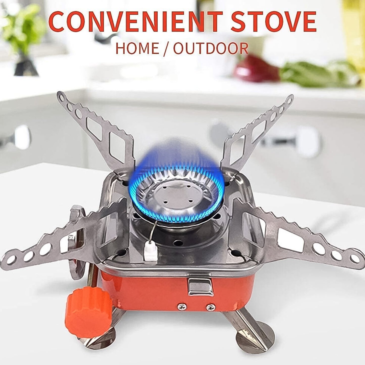 An overhead view of the foldable Mini Camping Stove, highlighting its stable pot supports and compact square design.