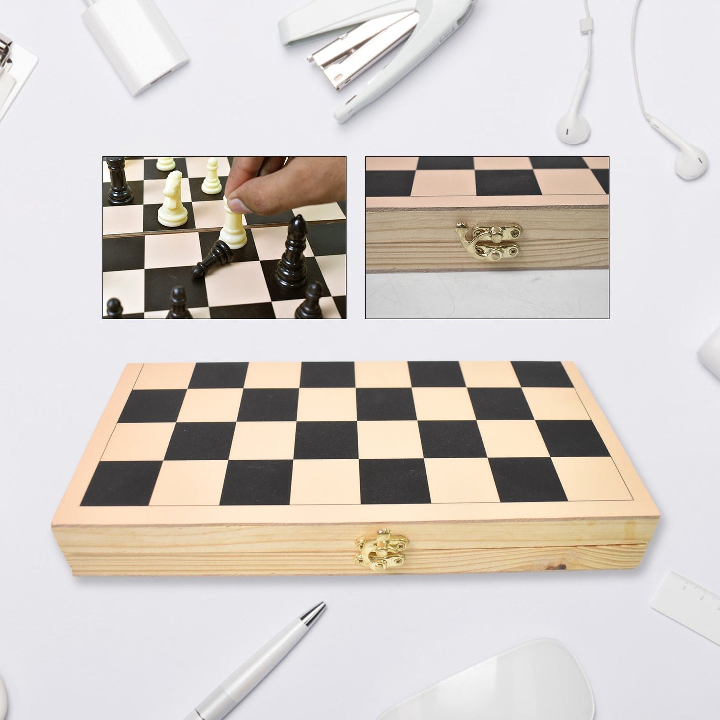 A game in progress on the elegant folding wooden chess set, showing the chessmen on the board.