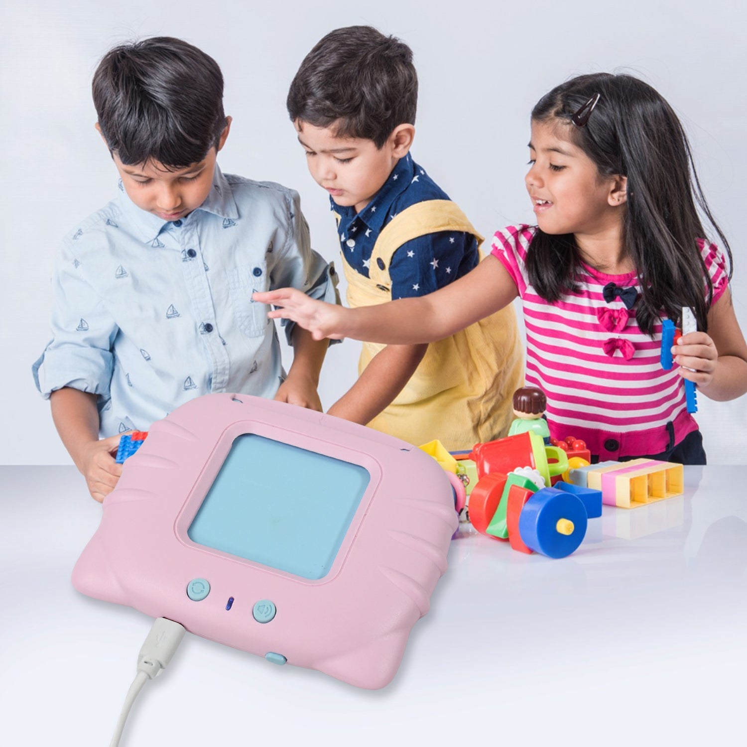 Rear view of the learning machine showing charging port and speaker.