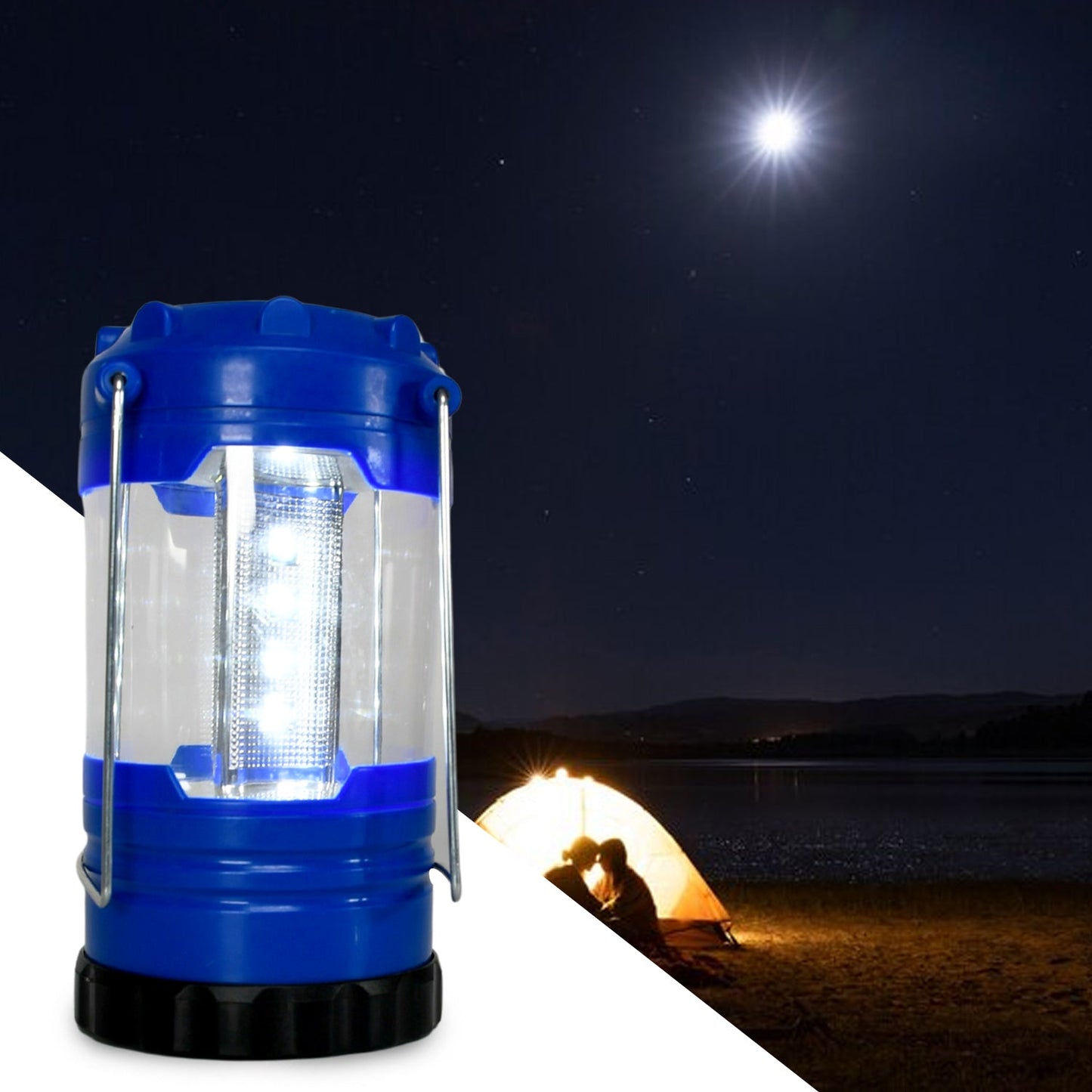 A blue and black LED lantern is in the foreground, with a glowing tent by a lake under a full moon in the background.