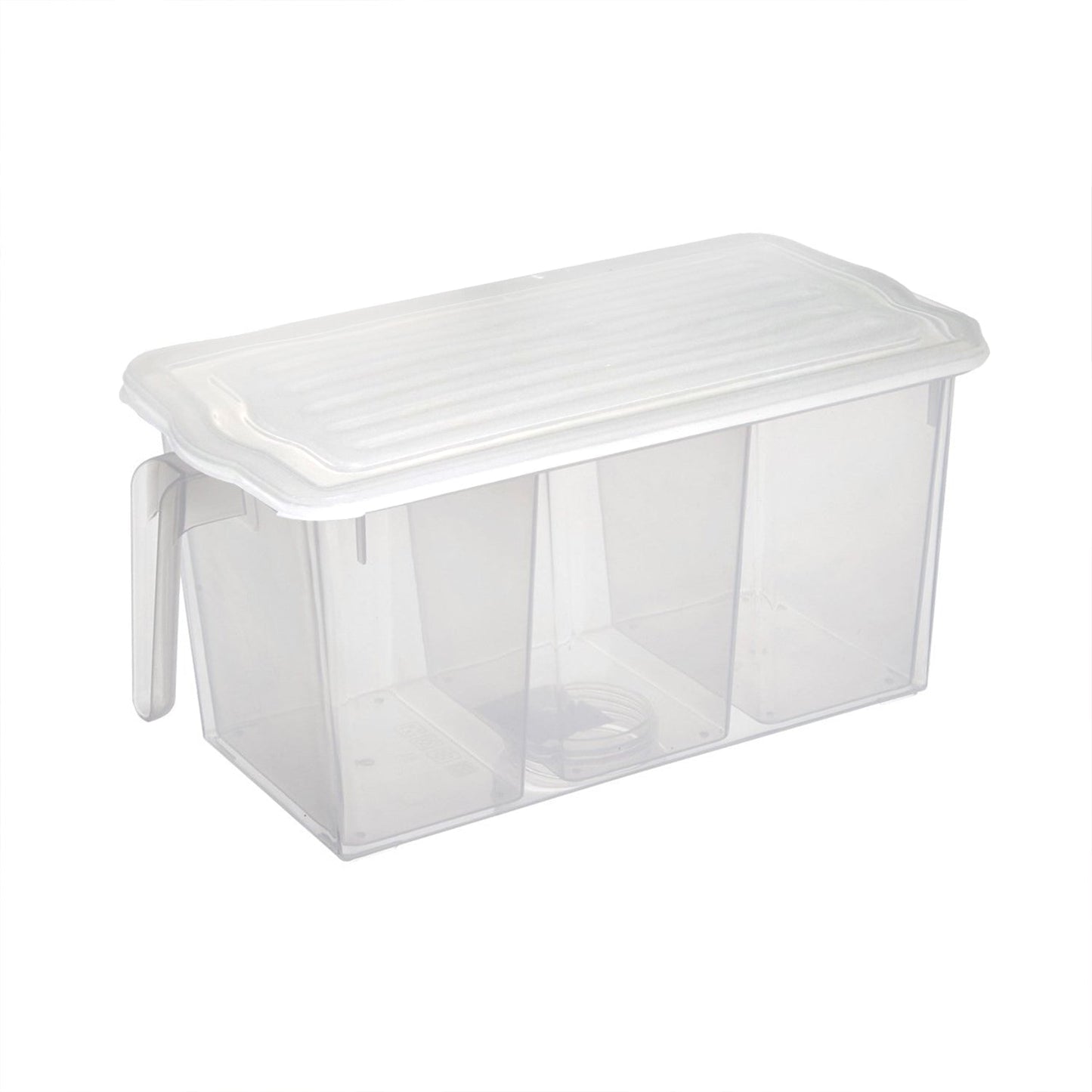 Airtight refrigerator storage box with internal dividers for various items.