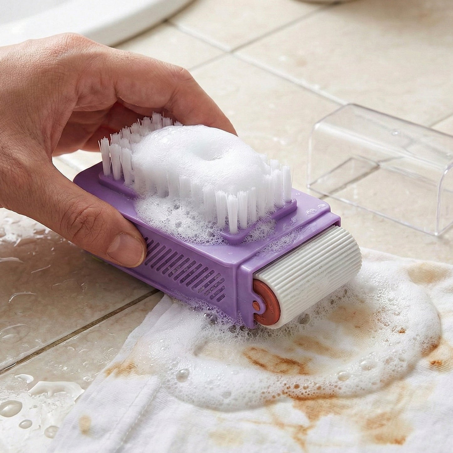 Cleaning brush roller scrubber demonstrated on hard floor surfaces