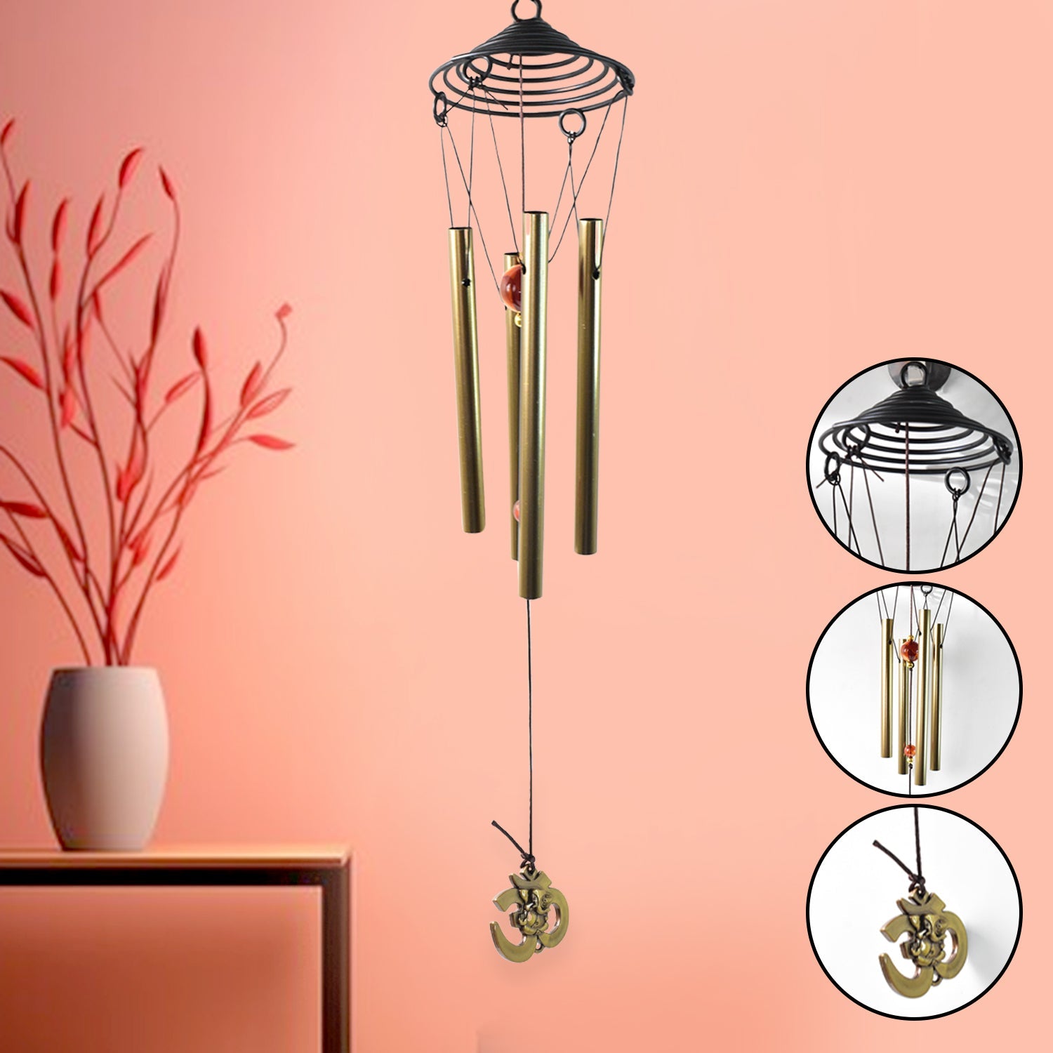 Outdoor dragonfly wind chime with metallic finish hanging on porch