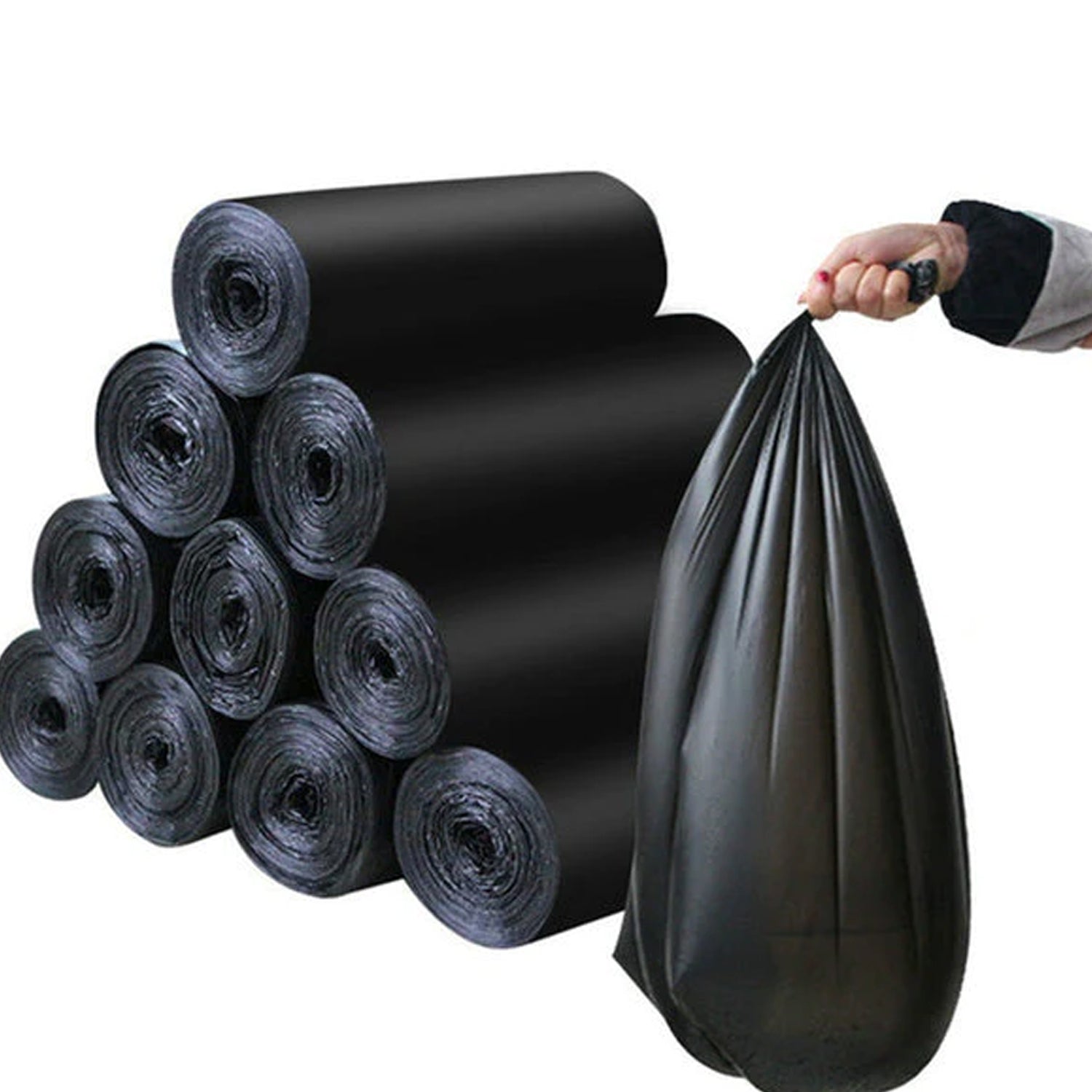 Visual showing the star-sealed bottom of the black garbage bag, emphasizing its leak-proof feature.