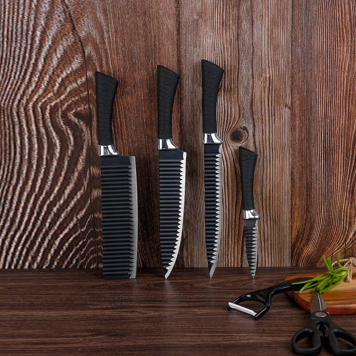 Complete 6-piece stainless steel knife set with chef's knife and peeler.