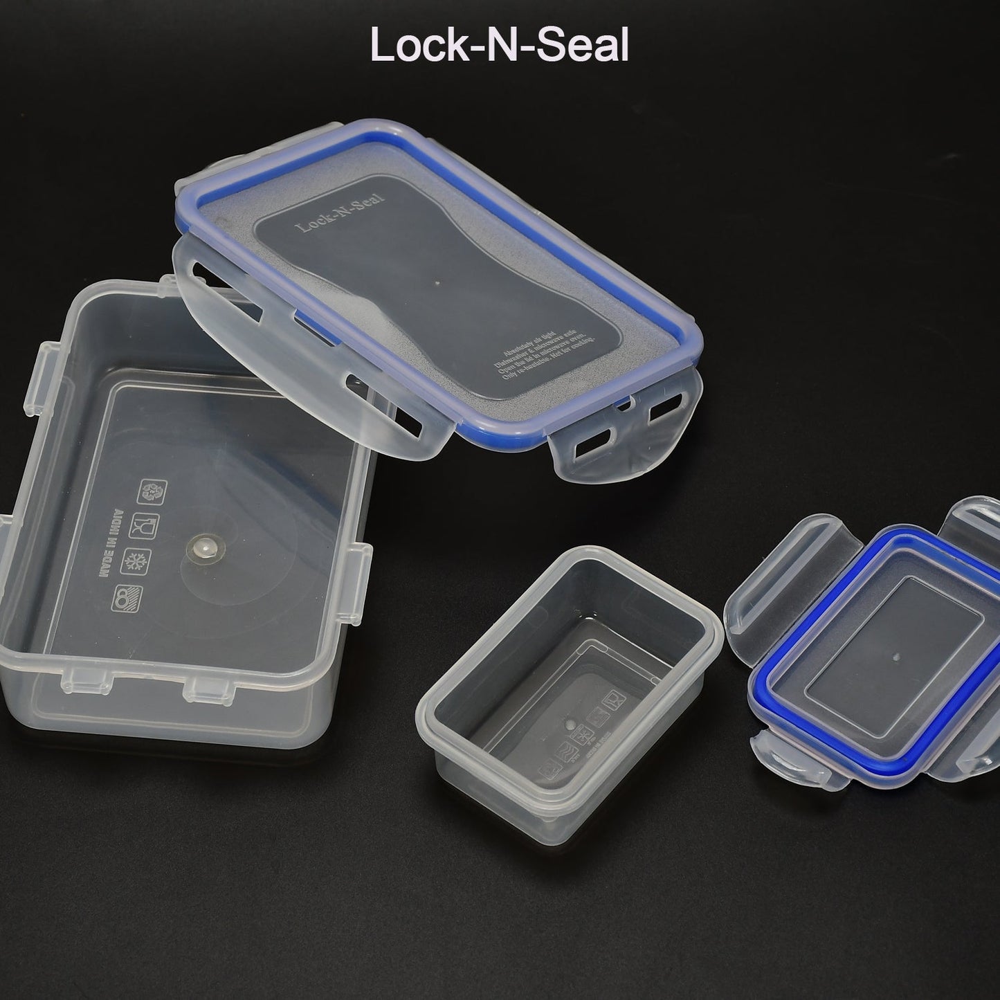 Durable food storage box with its components displayed, emphasizing the 4-side lock system.