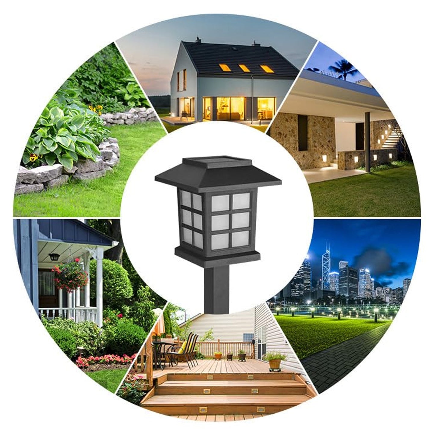A central black solar light is surrounded by six circular insets showing it in various outdoor settings.