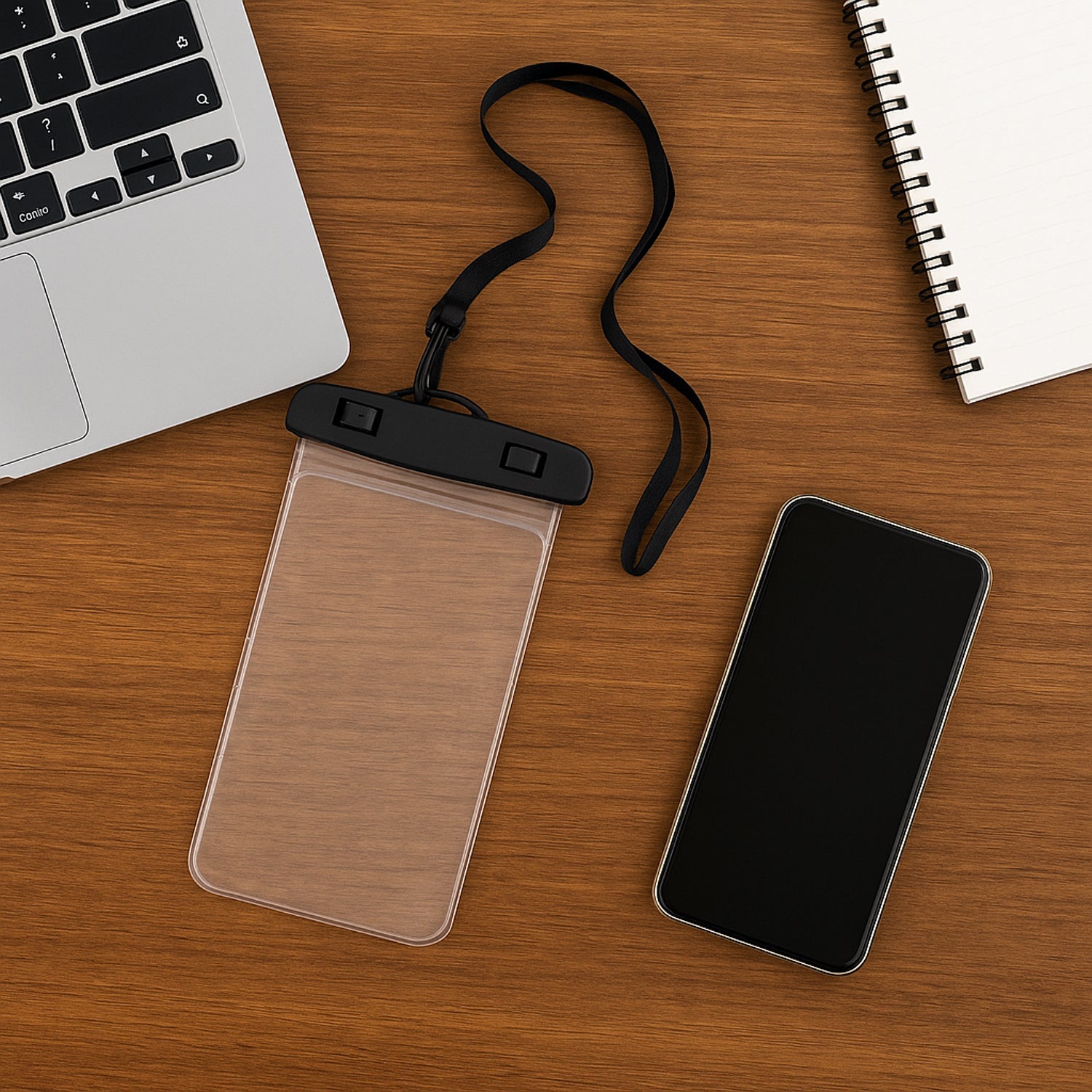 A transparent mobile pouch with a black neck strap and a red droplet logo, next to a laptop, phone, and a white spiral