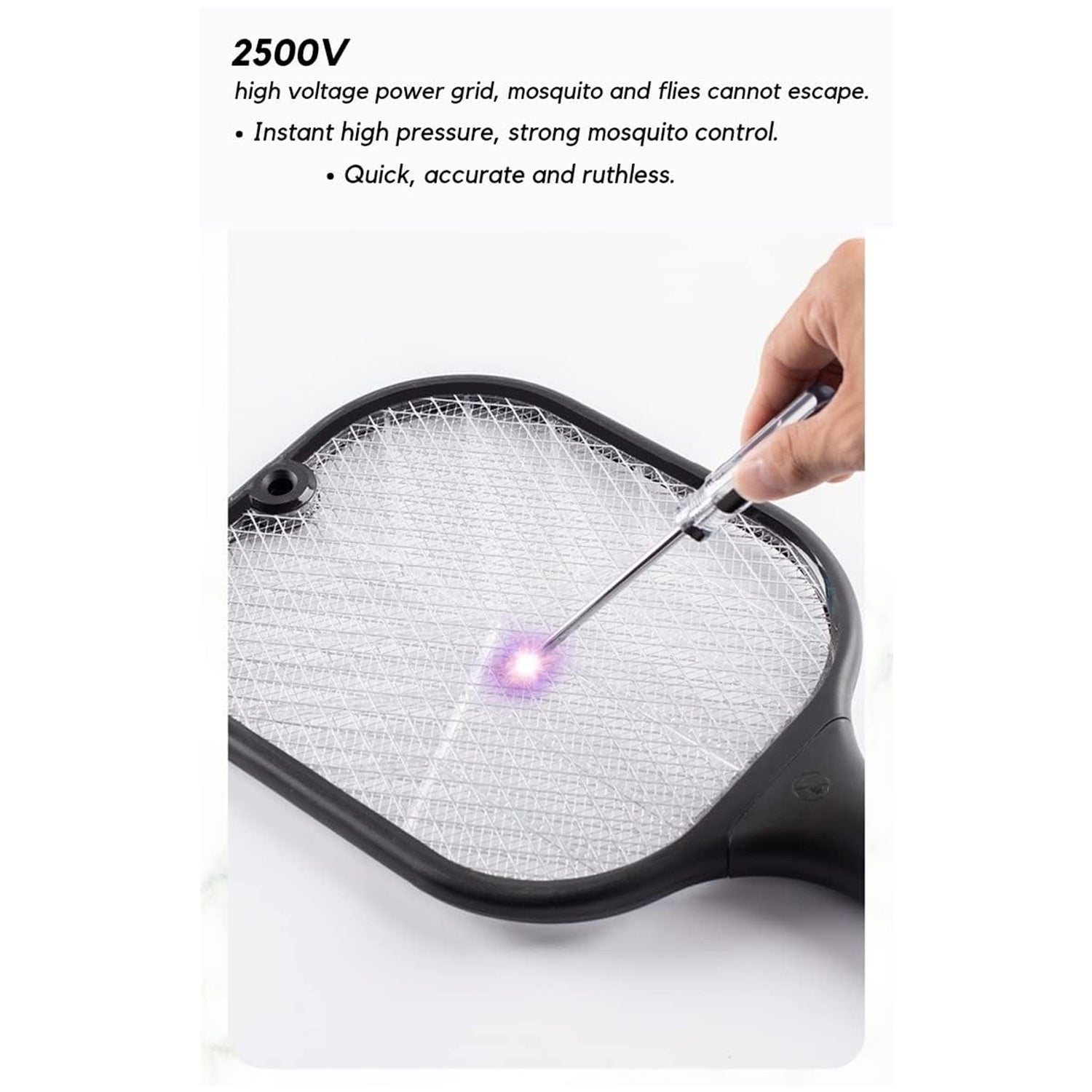 A hand uses a metal probe to demonstrate the purple light of the electric grid on a black mosquito killer racket.