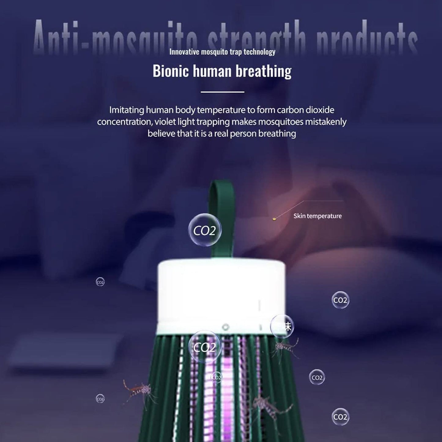 A close-up of the dark green Mosquito Killer Lamp shows small mosquitoes and CO2 icons around it.