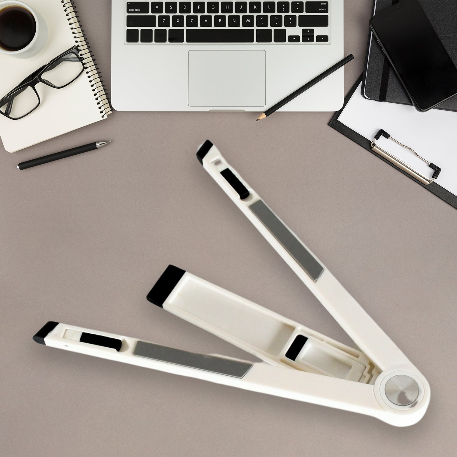 Angled perspective of the sturdy foldable tablet stand.