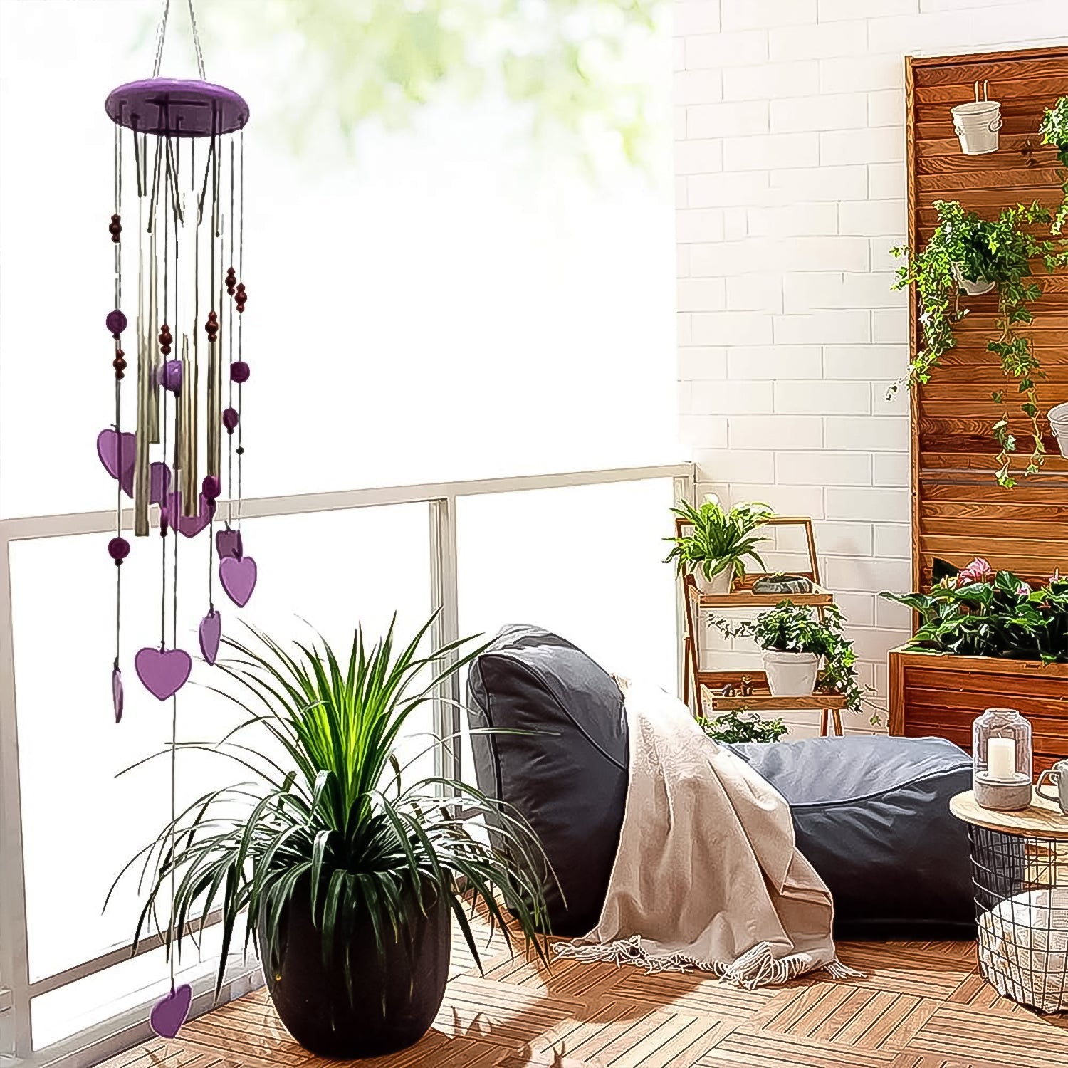 Smiley and hearts wind chime, perfect for adding a touch of cheer to your balcony.