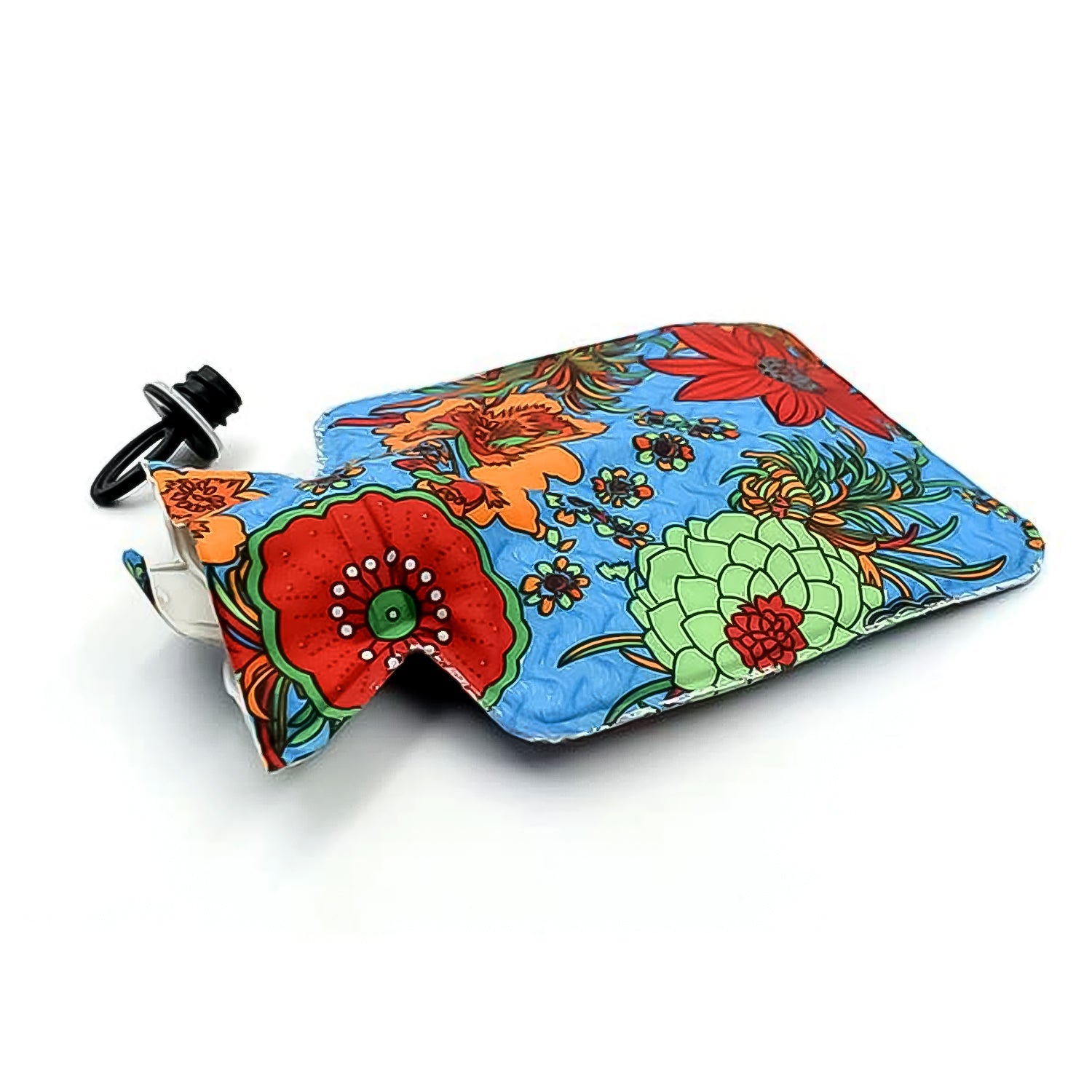 Green rubber hot water bag, front view, ready for use as a heating pad.