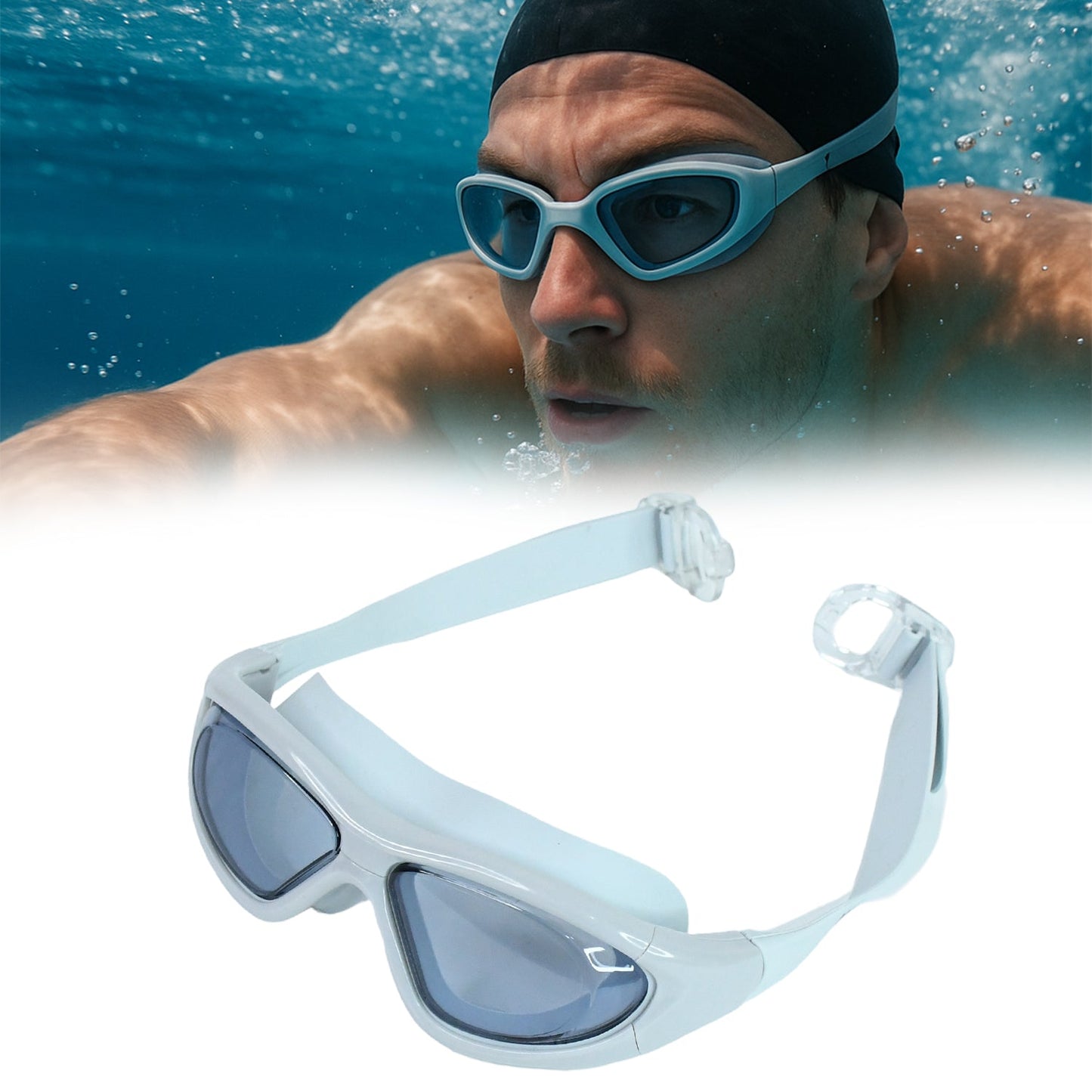 Hard protective case included with wide vision swimming goggles