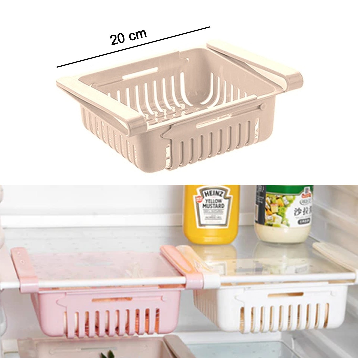 Versatile fridge baskets displaying their easy-glide mechanism for convenience.