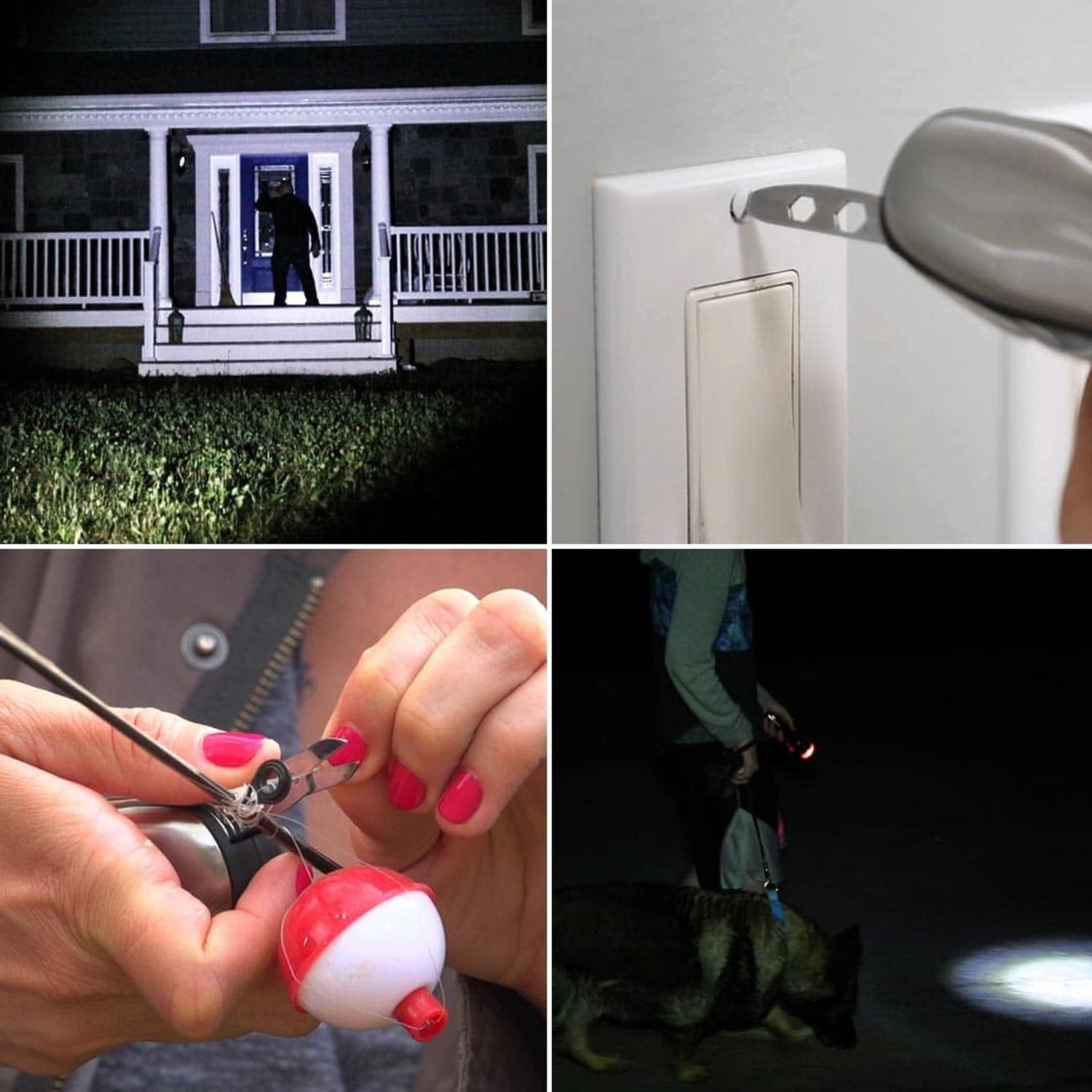 A four-panel collage shows the flashlight in use: illuminating a porch, tightening a screw, cutting fishing line, and